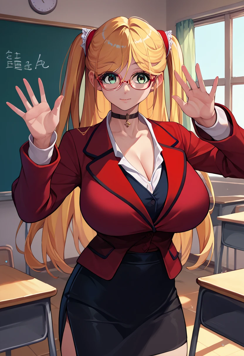 (highest quality: 1.2, Highly detailed, Latest, Vibrant, Super detail, Ultra-high resolution, High contrast, masterpiece: 1.2, highest quality, Best aesthetics, aya:0.9), alone, (1 woman), /( teacher/ ), (teacher), long hair, blonde hair, (red eyes: 1.3), long hair with brown highlights, thighs, skirt, sexy, cleavage, painted nails, belt, thighs with tights, glasses, classroom, shake hands welcome, pink lips, heels, red dress, sexy thigh, detailed leg, dynamic angle, random pause, highly detailed face and skin texture, cowboy shot,marin kitagawa