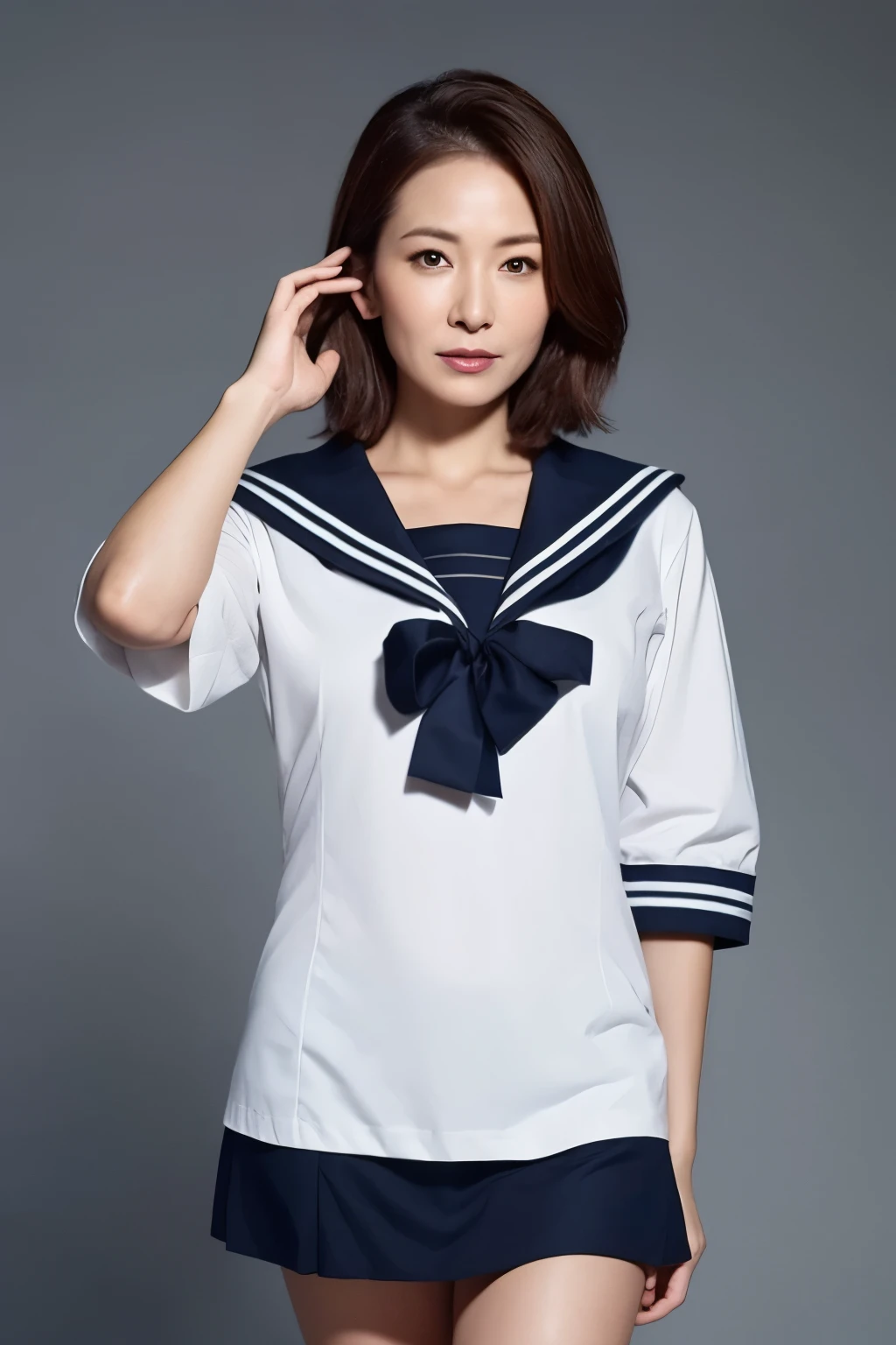 8K, Ultra-high resolution, Highest quality, masterpiece, 三分割法によるphotograph,Surreal, photograph, 1 girl, (16 years old:1.3), pretty girl, Cute face, Beautiful eyes in every detail, 細かくdetailedに,masterpiece,, One Girl:1.2, Japan Female Announcer,whole body、Black Hair、well-groomed eyebrows、Cute Lip Makeup、Calm atmosphere、A short-sleeved shiny dark sailor suit、White sailor collar、Navy blue pleated skirt、Red ribbon、White Stockings、Standing by the window of a classroom、Cute gestures、so beautiful,A carefree smile,Healing the heart,blunt bangs,Looking at the audience、beauty,Long neck、Laugh a little、Please close your mouth and laugh、(((Ideal body type))),A-cup small breasts :2,、Portraiture:2、Perfect Anatomy、鮮明なdetailed、detailed、Surreal、Light and shadow,Strong light