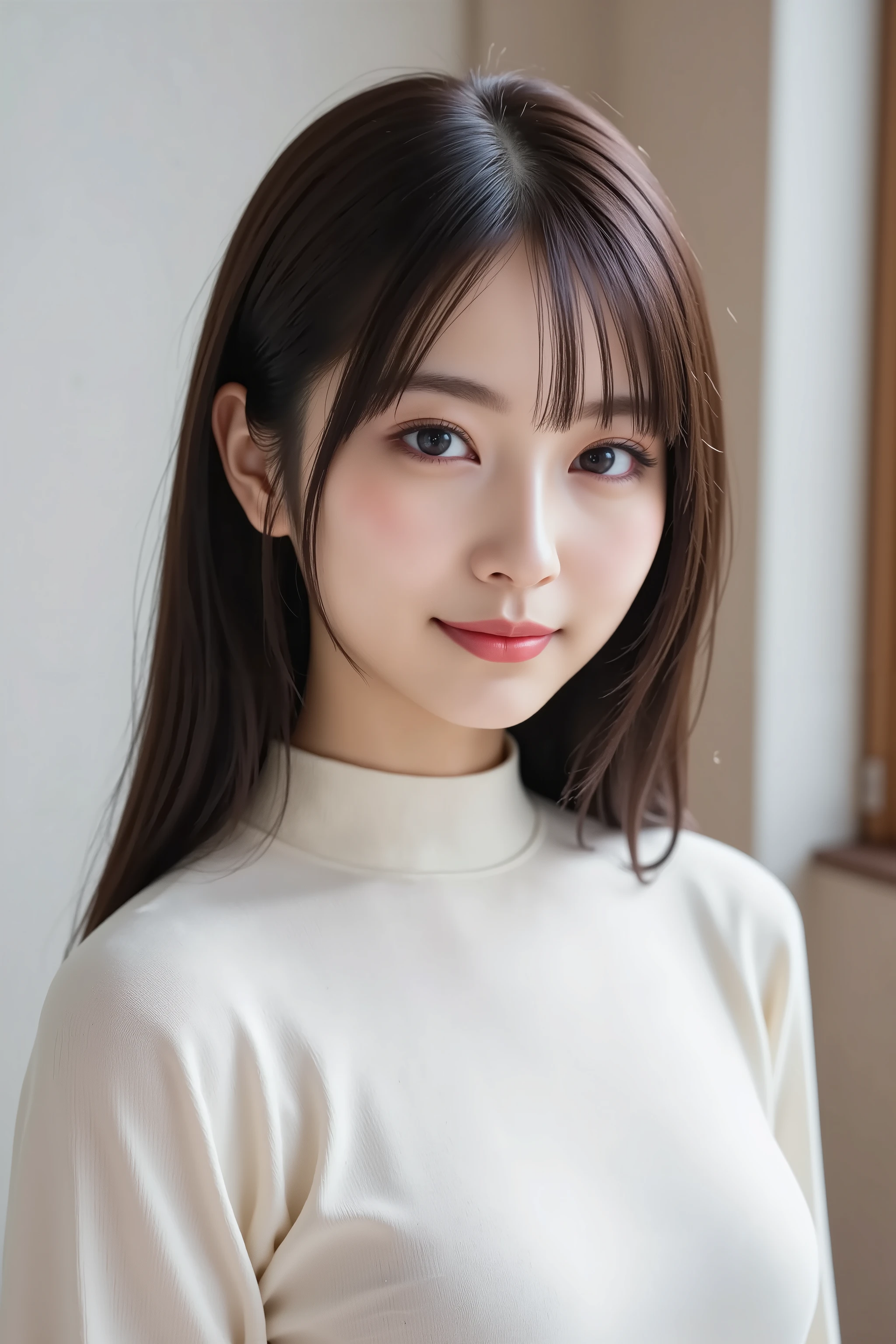 Position the face in the center of the image, masterpiece, fine, clean skin、plain high neck long sleeve ribbed slim fit t-shirt、long black hair, Bangs, smile, 8k, shooting studio background