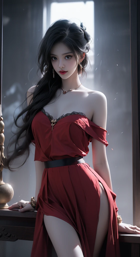 A Pretty Rogue with
Long black hair and captivating eyesBald skin and slightly reddish lips ((long red dress))and fluid with lacy detailsConfident and seductive pose, holding a fanNight scenery in an ancient Gothic castle, with the full moon in the sky