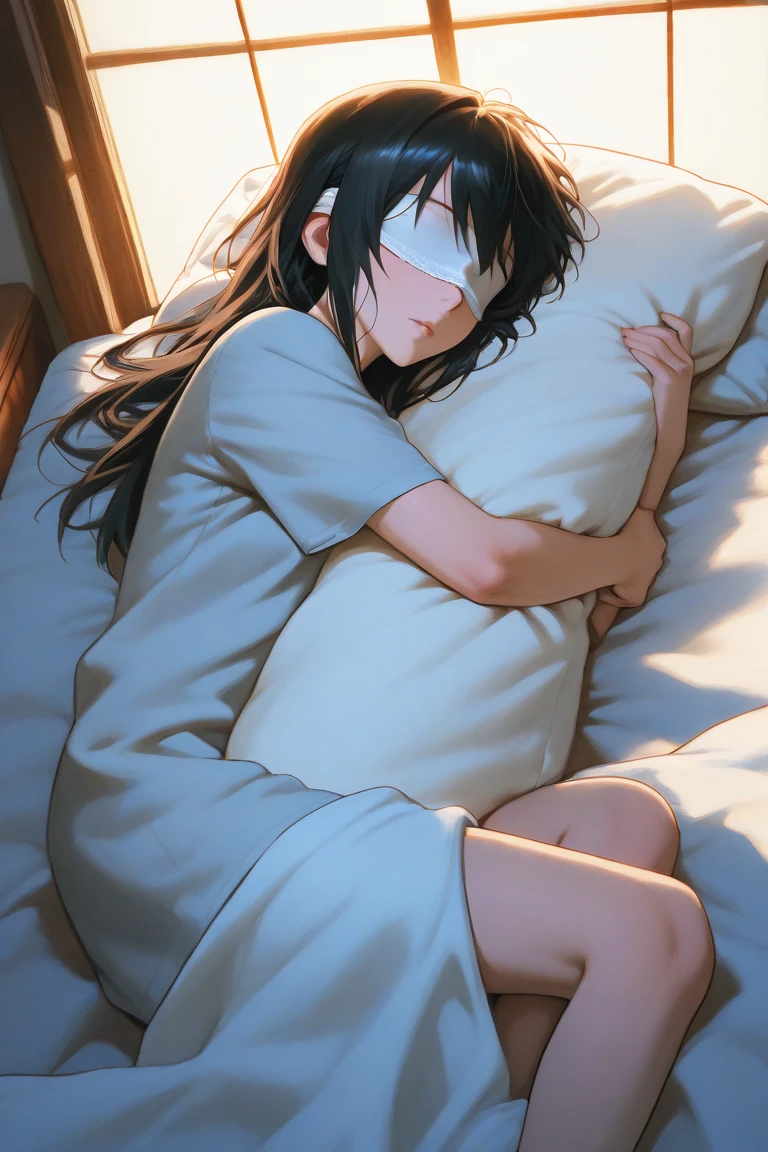 In this palatial room, a teenager in ancient costume lies impressively on the bed. His long black hair was scattered on the pillow, showing his handsome side face and slender neck. The boy wore a gorgeous black robe with an open neckline revealing his perfect collarbone and slightly heaving chest. Lying quietly, he seemed to float in a mysterious atmosphere in his deep sleep. The whole picture adopts a streamlined composition, clear lines outline the handsome silhouette of the teenager, and emphasizes the softness and luster of his long black hair, and the mottled dark green background further highlights the dusty temperament of the teenager.