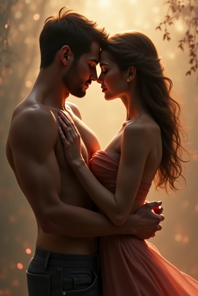 romantic passionate intimate erotic sensual couple, two lovers, naked bodies, entangled in embrace, making love, blissful expressions, soft skin, tangled limbs, golden hour lighting, warm tones, cinematic composition, depth of field, hyper realistic, detailed anatomy, chiaroscuro lighting, oil painting, impasto texture