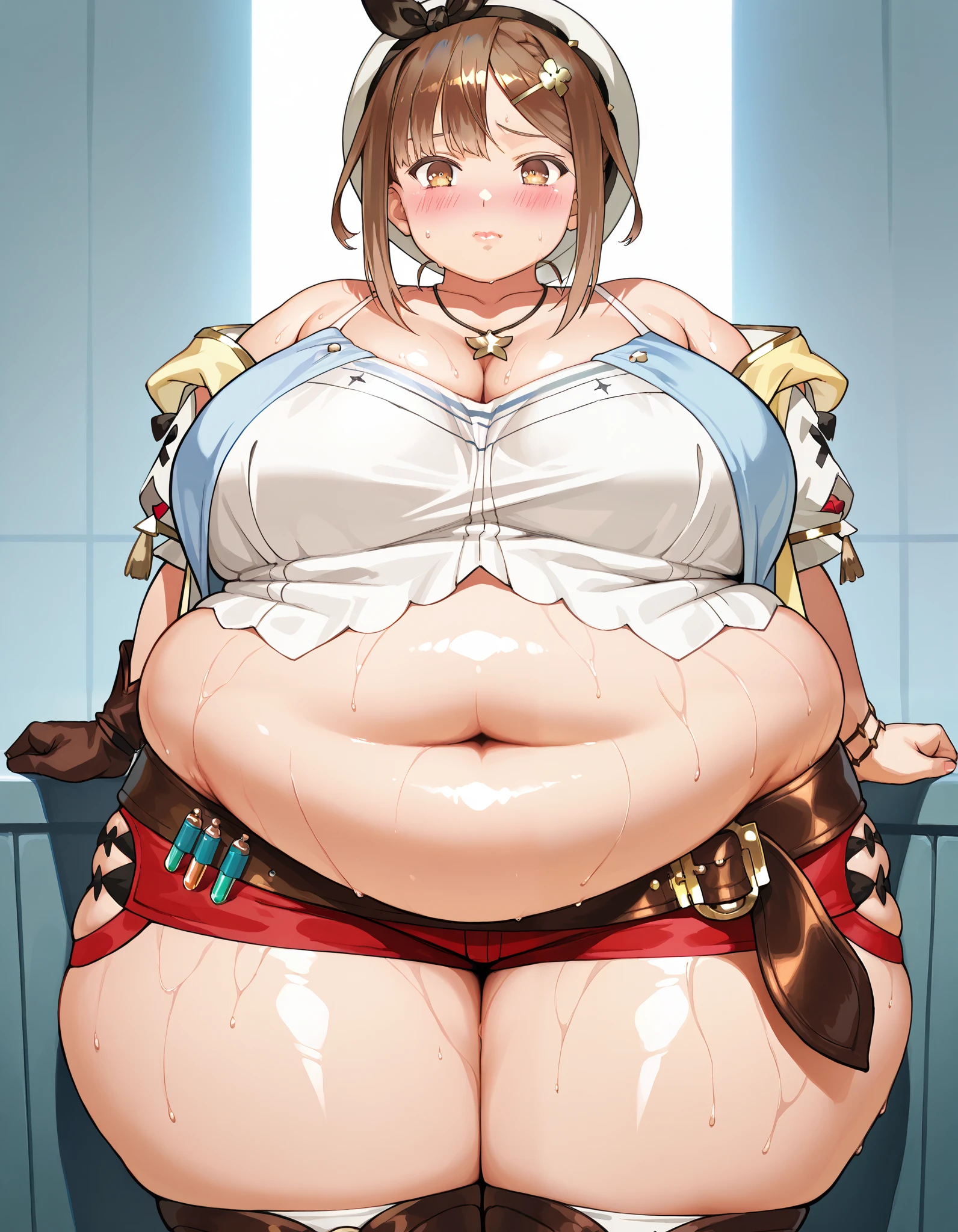 One person、(((A bear man wearing a revealing, pale pink lace lingerie.)))、(middle aged)、Stubble、Brown body、Are fat、obesity、Scars all over the body、Furry、masterpiece、Highest quality、Lace fabric bra、Lace knee-high socks、garter belt、Adventurer's Tavern、ribbon、