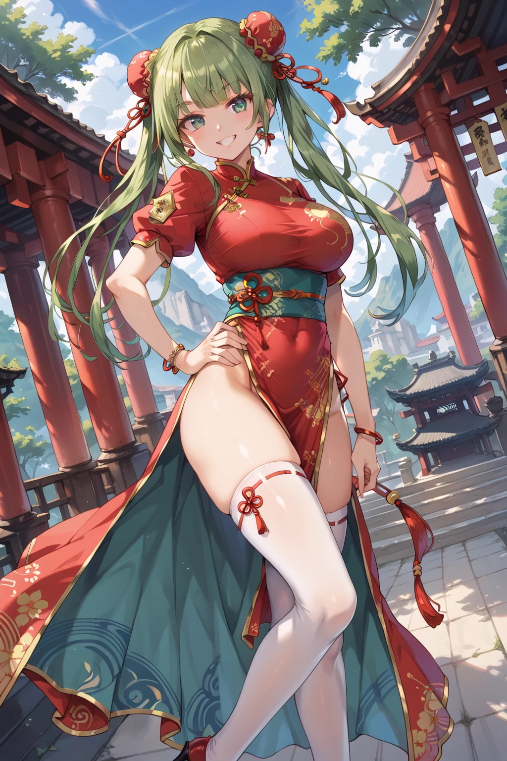 There is a girl in a green dress, clubs，palaces，oriental architecture ray tracing，{best qualtiy}，{ {tmasterpiece}}，Extremely detailed 8K wallpaper，{An extremely delicate and beautiful}，coloured with lots of colour，intricately details，photorealestic，Realiy，Camera quality，（Carefully portray clothes），Cold white skin，（Carefully portray blush）,1080p，suns，Soft cute，Smooth light silver hair，Messy beauty，lamplight，Sense of brokenness，The skin is shiny and silky，3D stereoscopic，tmasterpiece，The best quality，The illustrations are super detailed，beautidful eyes，Very delicate light，Fine luminescence，Very detailed 8K CG wallpaper，Peach blossom eyes，Red pupils，An extremely delicate and beautiful girl，8k wallpaper，best qualtiy，close-up all over the body，a white long skirt，Luxuriously silky bright red chiffon overshine（Illusion，glitters，Ultrathin，softness，）Hanfu，sexyposture，Seductive pose，leg wide open，Lace，panties are visible，Lift the hem，camisole，suspender stockings，lacepantyhose，Lift the skirt，underdressing，brassier，M legs， your ass，Erlang legs