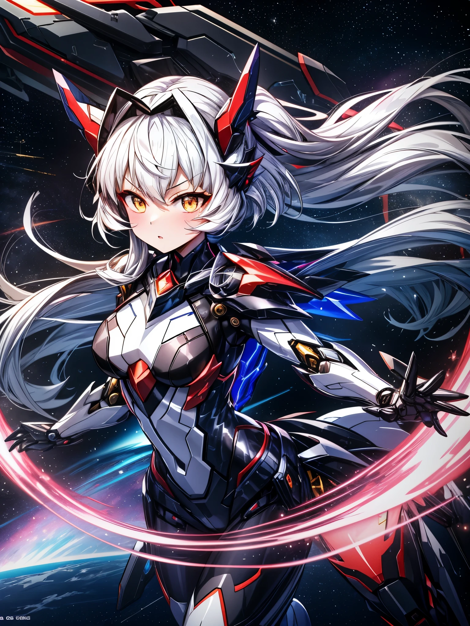 black_Mechanical Arm,
Prieros Face_v1,

chest,  long hair, 
1 girl, white_hair,full body, 

 Cute Glowing Fox Floating on a Nebula Background {x} , Energy sphere,  light particles,   Shining Stars,  fantasy,, (8k, Highest Quality, masterpiece:1.2), ultra high definition, masterpiece,   Real Lighting ,masterpiece, Highest Quality, masterpiece,Highest Quality,Official Art,Extremely Detailed CG Unity 8K Wallpaper,, Mecamusume , brainwashing headgear, Mechanical Arm,  ,cowboy shooting,