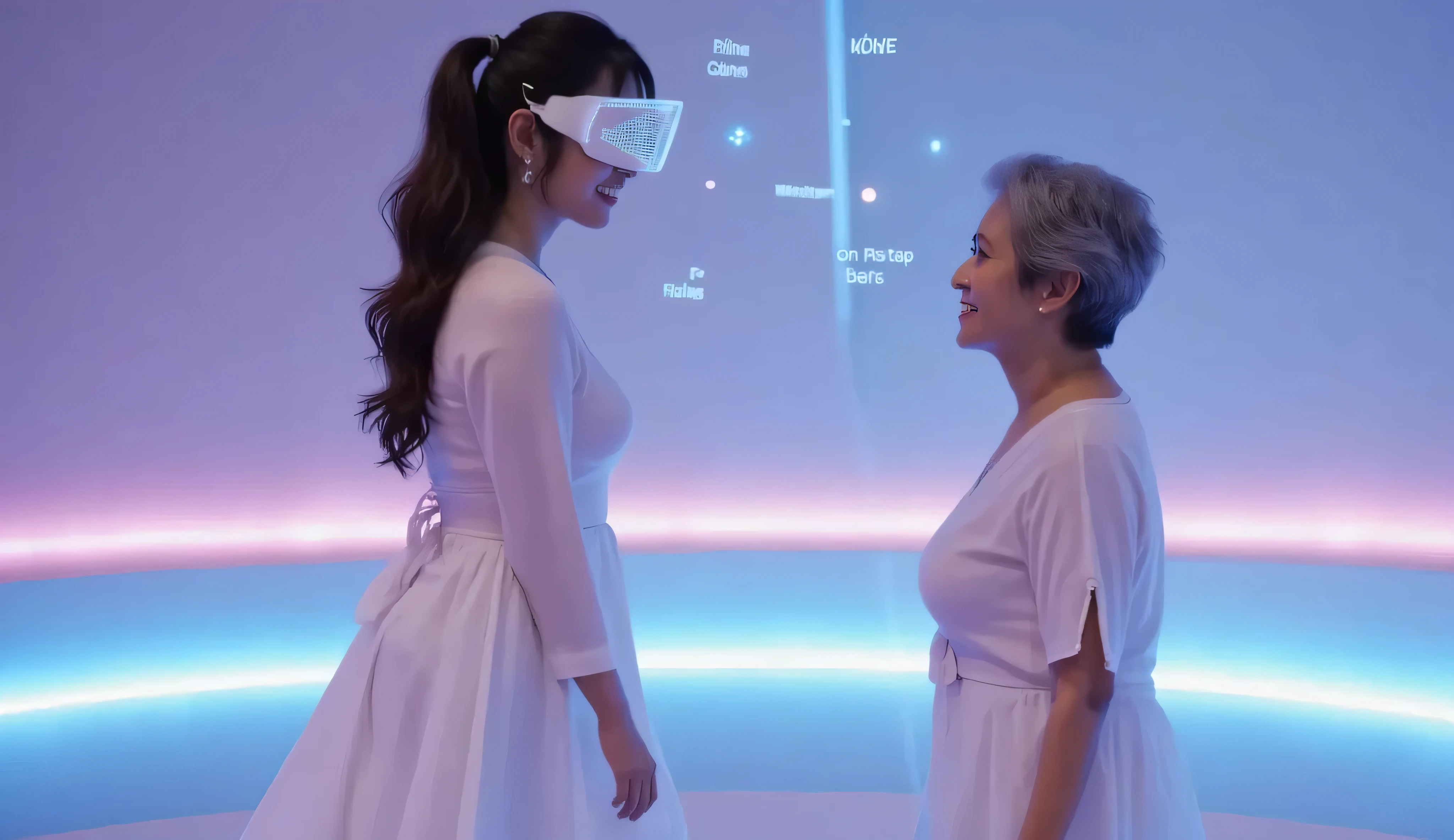 In an imaginary Metaverse world, a young woman in a flowing white dress stands face-to-face with her elderly grandmother.
The young woman is wearing futuristic smart glasses that display floating digital data in front of her eyes.
The woman smiles at her grandmother, and they share a peaceful, emotional moment in this tranquil digital world, srounded by
Background a glowing trail of blue and pink light.