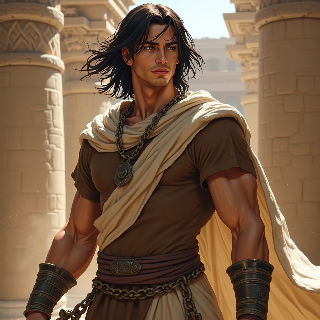 A Young Hot Man with Green Eyes, Black Hair, dressed like a Greek Warrior God