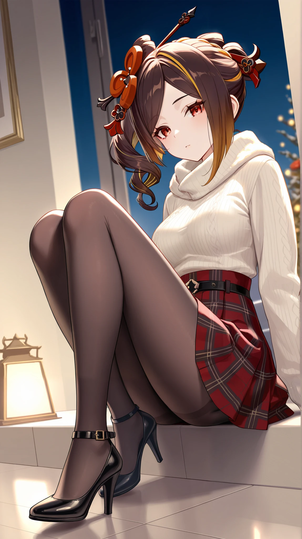 ((best quality)), ((masterpiece)), (detailed)),masterpiece, best quality, skirt, shiny fabric, offshoulder red shirt, transparent black fabric, dark brown hair, ponytail, long bangs, long hair, red eyes, black pantyhose, medium thighs, looking at viewer, more detail XL, standing, white panties, panties under pantyhose, pantyshot, cowboy shot, from front, pink lips, indoors, light smile, scenery, (negative_v2 Color_Balance_Calibration:0.8)0
