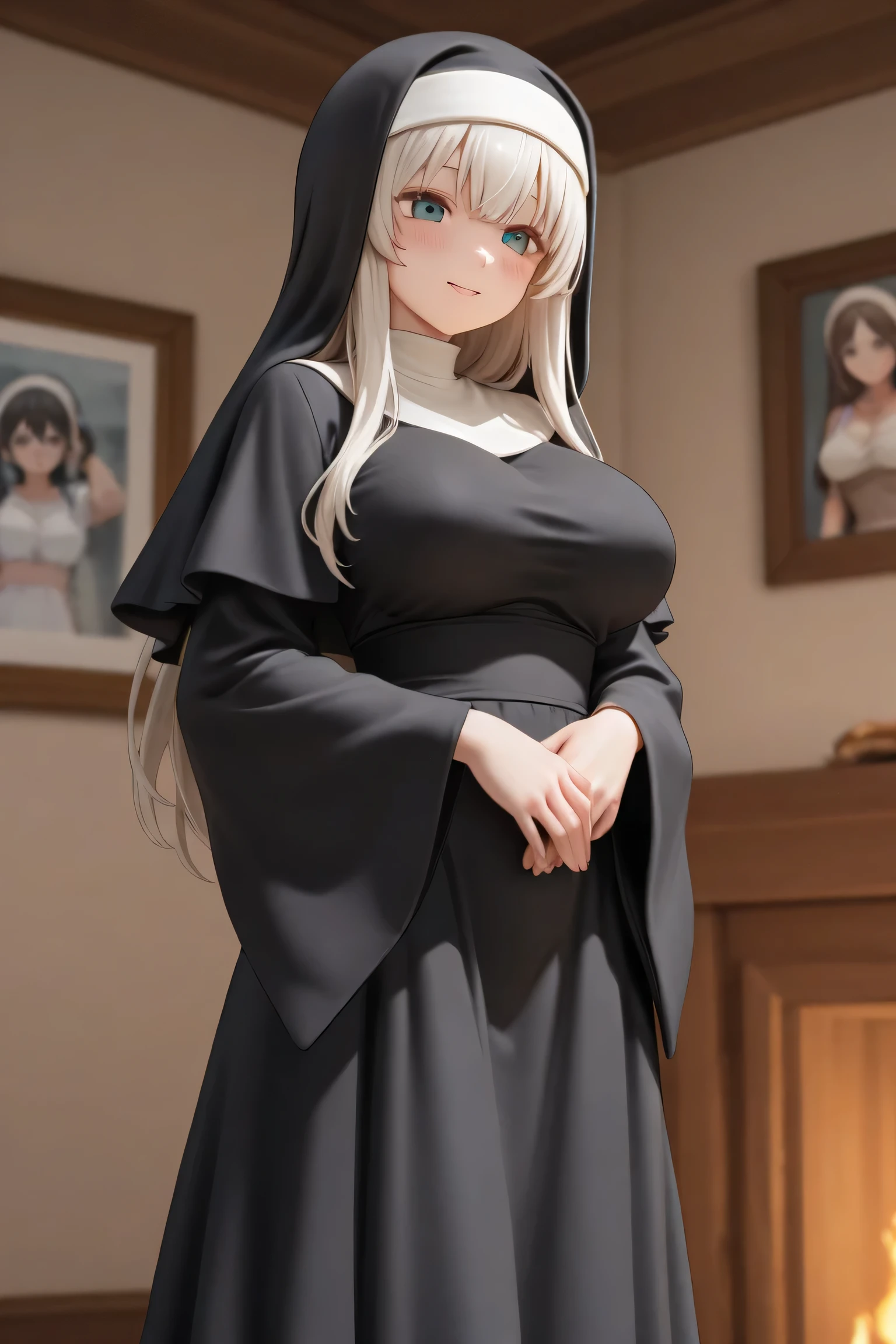 Straight gray hair、Blue Eyes、Moderately large breasts, Smiled、Nun&#39;s all-black garb:、Thighs、(highest quality),(High resolution),(full intricate details),(Very high quality artwork),(Extremely detailed 8K CG),((Perfect piece) ), (((masterpiece)))、 Late teens、thin waist and limbs、sexy, erotic, 18+, Late teeniniskirt、garter belt、Spread your legs