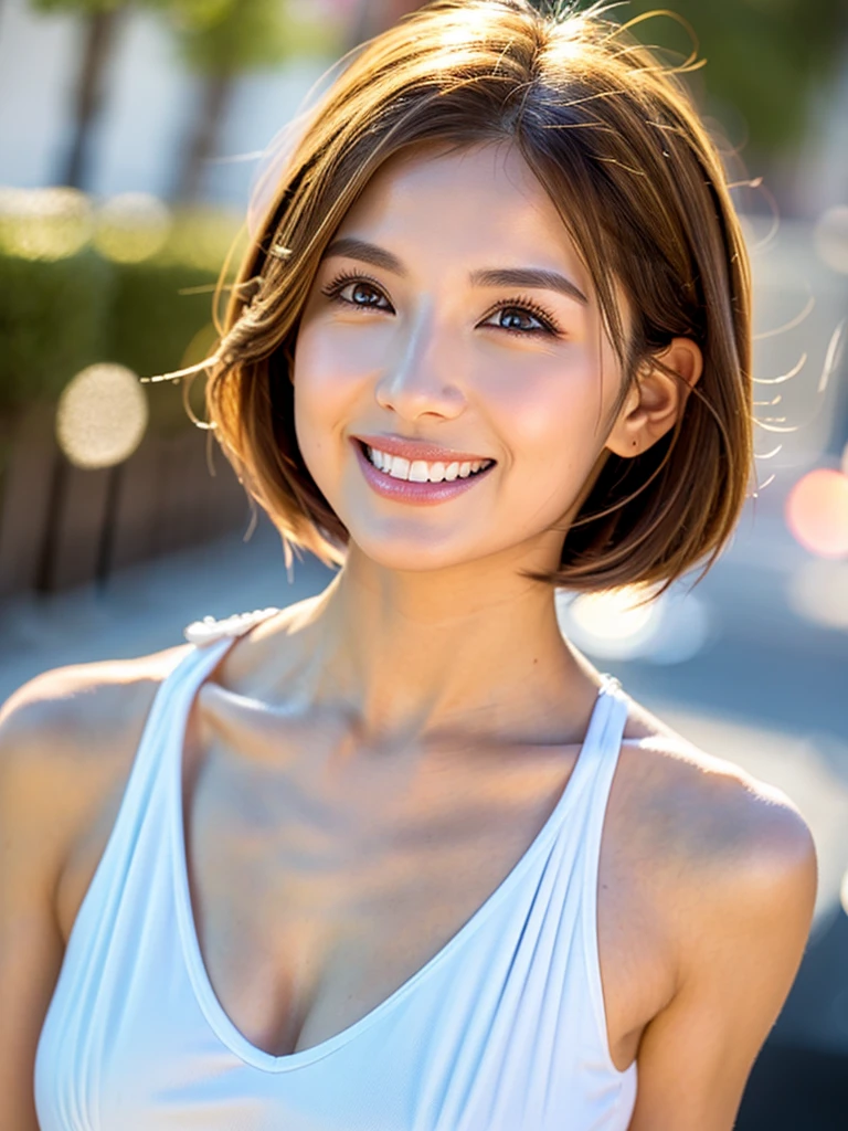 masterpiece:1.3, 8K, sharp focus:1.2, perfect body beautiful women, 20 years old, layered haircut, wet from the rain and transparent white shirt, small beautiful hard nipples, street, Highly detailed face and skin texture, detailed eyes, double eyelid, big breasts, smile