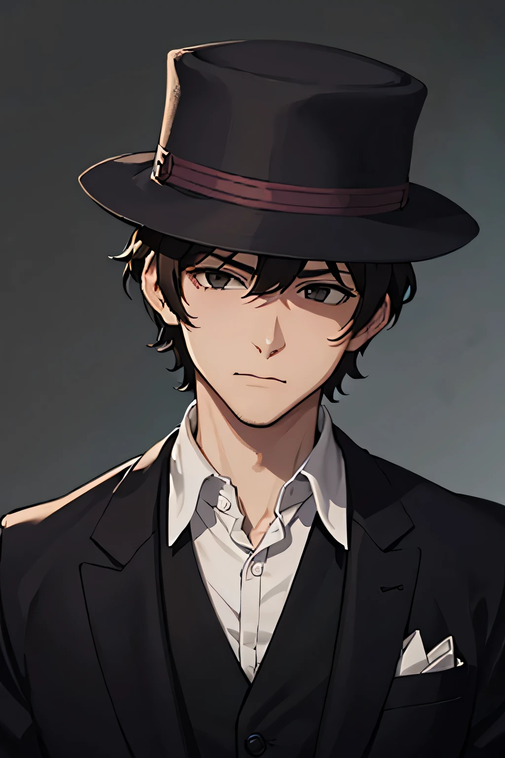 24 year old man, tall and thin body, a criminal, brown hair, black eyes, wearing bowler hat, wearing a formal vest, not wearing blazer, facing forward, looking ahead, hd, half body, manipulator
