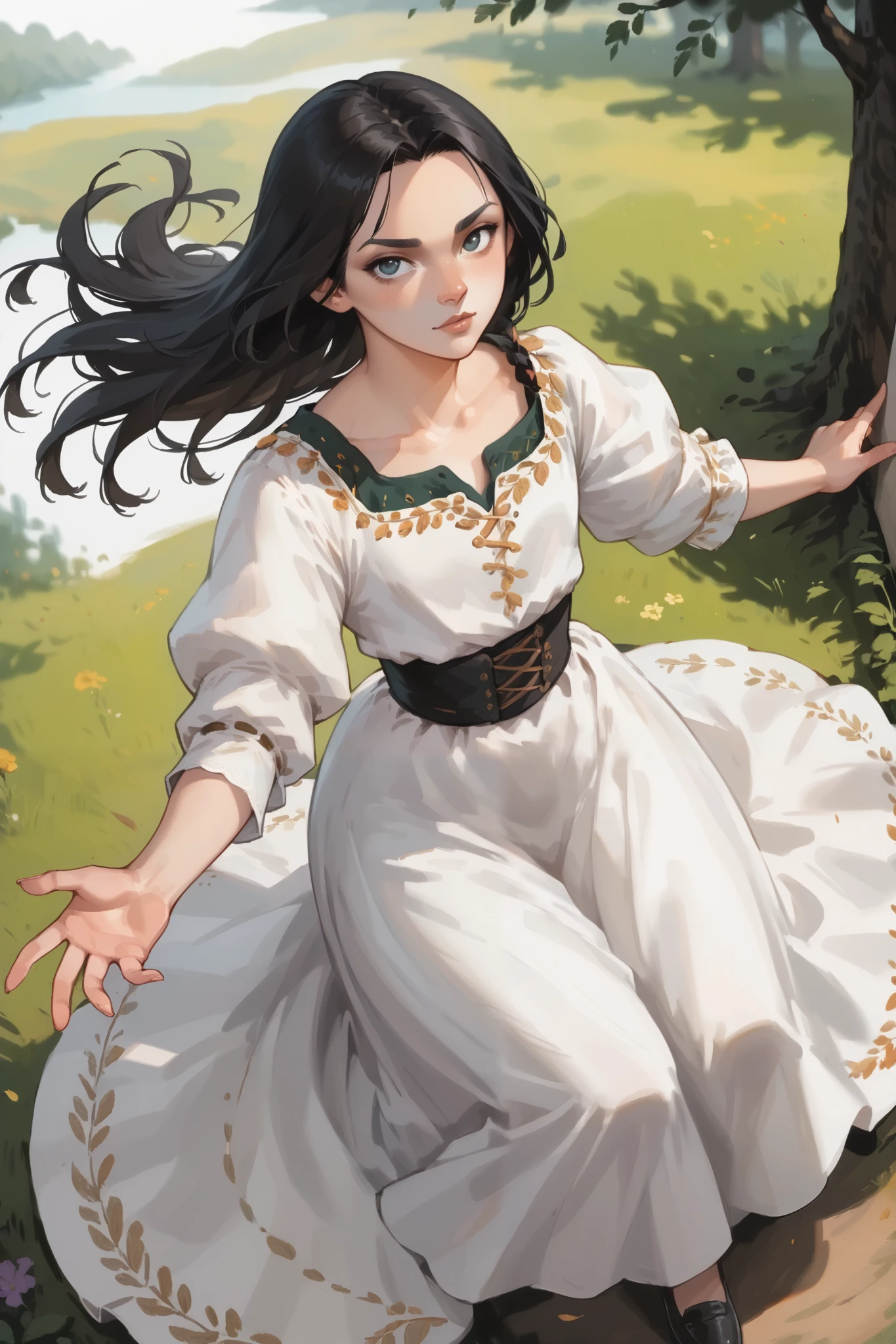 score_9, score_8_up, score_7_up,1girl, black hair, long_hair, wearing a vibrant long peasant medieval dress, long skirt, black shoes, detailed clothing, sketches, darkrealmone, flat painting, msmln, view from above, extreme view from above, dynamic pose, standing on a white background:1.5