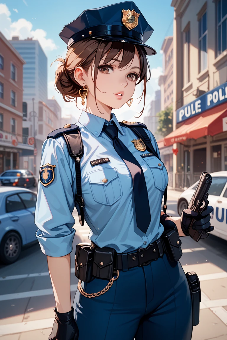 Best Quality, masutepiece, beautiful mature women、Beautiful face、Strong-minded woman、Female Police Officer、brown haired、Brown-eyed、Longhaire、poneyTail、Undersized eyes、Full body like、Downtown、outside of house、In front of the police car、Police cars are white and black、a miniskirt