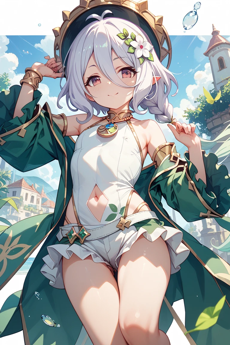 masterpiece, 4K, best quality, FELute, necklace, bracers, cowboy shot, looking at viewer, smirk, swimsuit, white bikini, (((12 yo)))