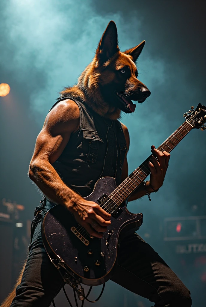 Cane corso play on bassguitar in metal band 