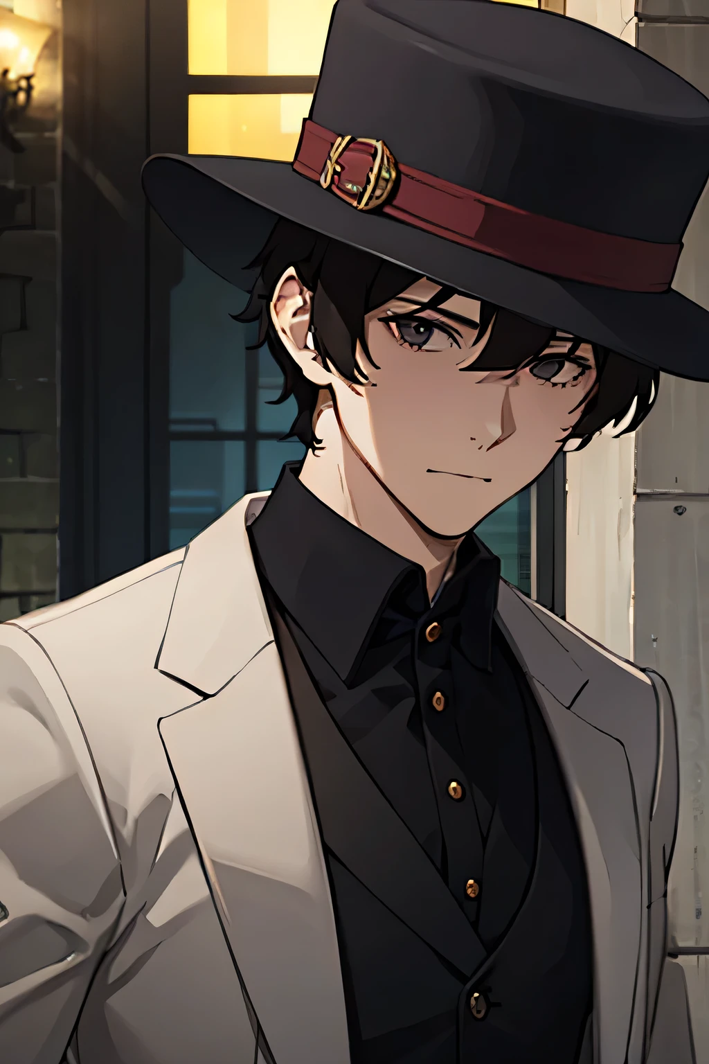 24 year old man, tall and thin body, a criminal, brown hair, black eyes, wearing bowler hat, wearing a formal vest, not wearing blazer, facing forward, looking ahead, hd, half body, manipulator
