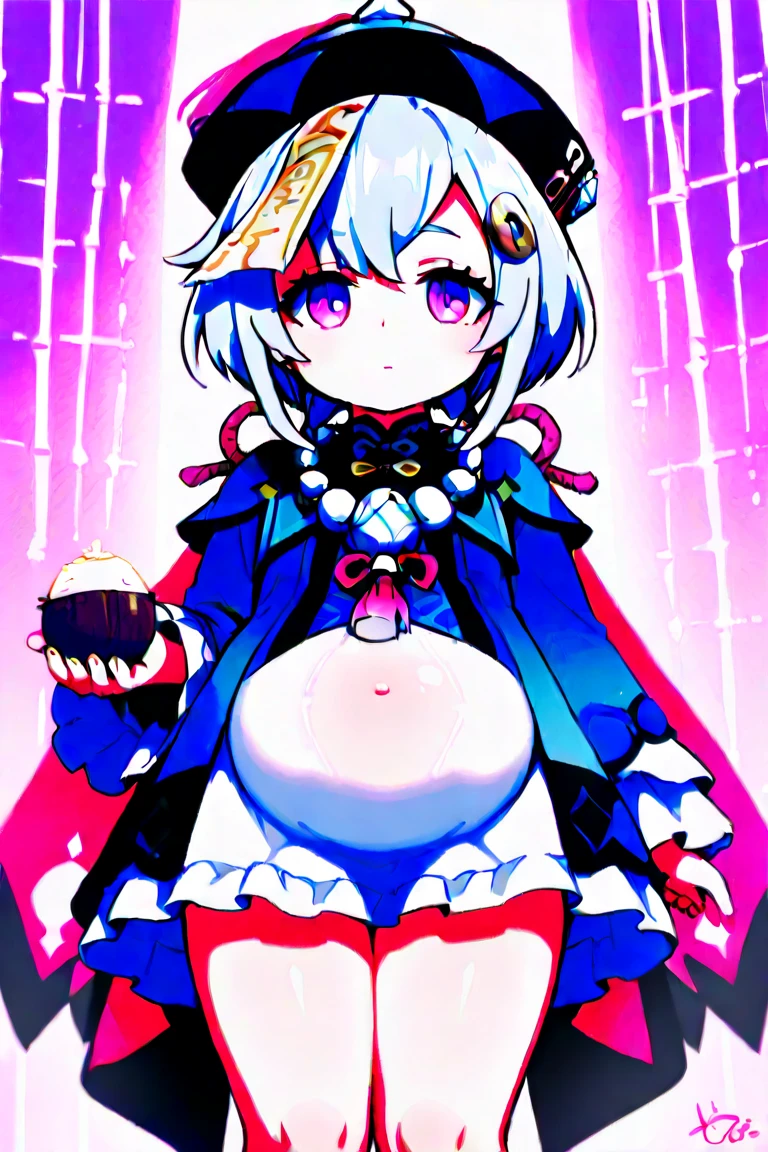purple hair, rose eyes, short hair, white background, smoll stature, small butt, chibi, flat cheast, flat tits. medium thighs, bandaged legs, small breasts, 1 girl, one girl, small stomach, curvy waist, round butt, small belly, clear skin, 1 girl, cute girl, smoll tits, curvy waist, good butt, one girl, view from front, wedding dress, 1 girl, white dress, 1 girl, show pussy lokk at viewer, (panty pulling)