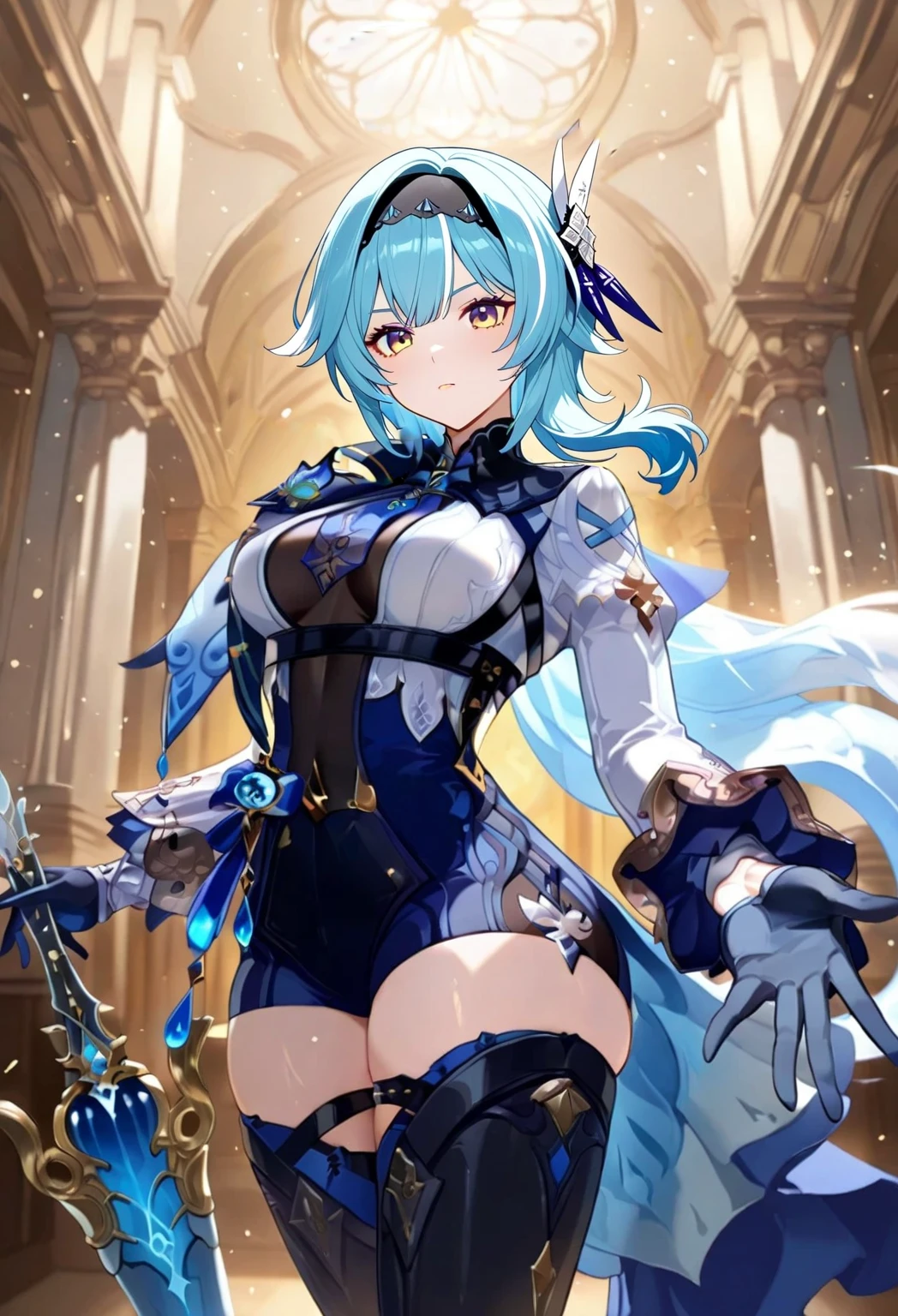 masterpiece, best quality, eula \(genshin impact\), 1girl, solo, thighhighs, weapon, gloves, breasts, sword, hairband, necktie, holding, leotard, bangs, greatsword, cape, thighs, boots, blue hair, looking at viewer, arms up, vision (genshin impact), medium breasts, holding sword, long sleeves, holding weapon, purple eyes, medium hair, copyright name, hair ornament, thigh boots, black leotard, black hairband, blue necktie, black thighhighs, yellow eyes, closed mouth, <lora:reisalin stout_hardpruned:1>