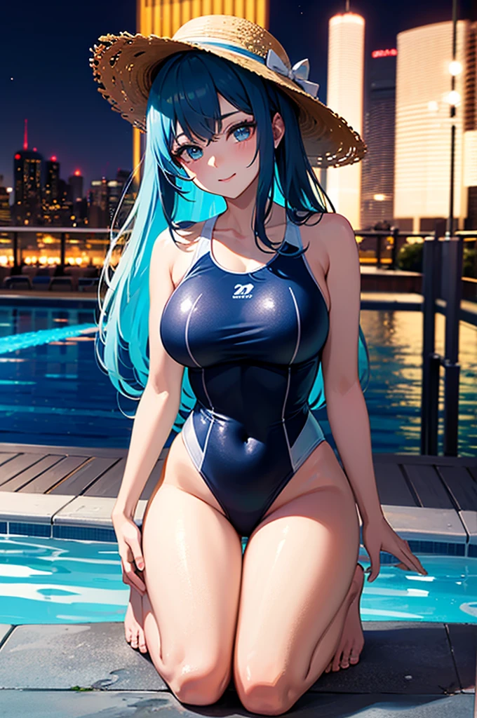 1girl, black hair, long hair, dark blue hair, large breasts, wide hips, thick thighs, ass, from behind, one-piece swimsuit, competitiom swimsuit, black swimsuit, blue trim, blue eyes, submerged, pool, smile