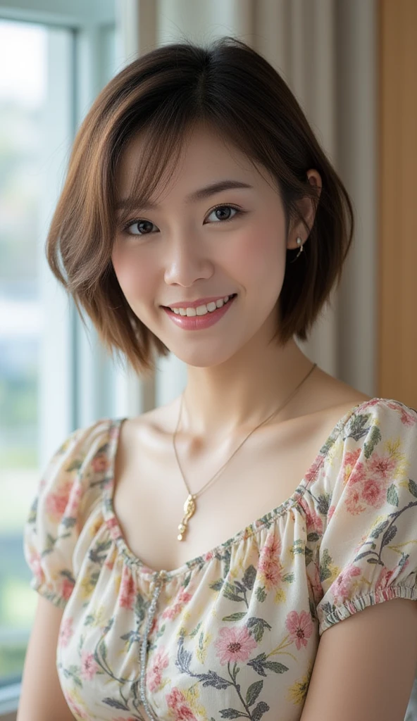 (Highest quality,8K quality,masterpiece:1.3,),(Ultra-high resolution:1.3,Realistic:1.4,RAW Photos:1.2),(Very detailed:1.2,Glowing Skin,Detailed skin:1.1),(Detailed face,Perfect Anatomy,Caustics:1.2), (Symmetrical eyes:1.3),Beautiful nipples,1 girl,cute,Japanese,15 years old,Japanese Ido,Natural brown hair,Short hair curled outwards,cute目,Natural Makeup,Laughter,Looking into the camera,Nice ass,room,Professional Writing,Natural soft light,
