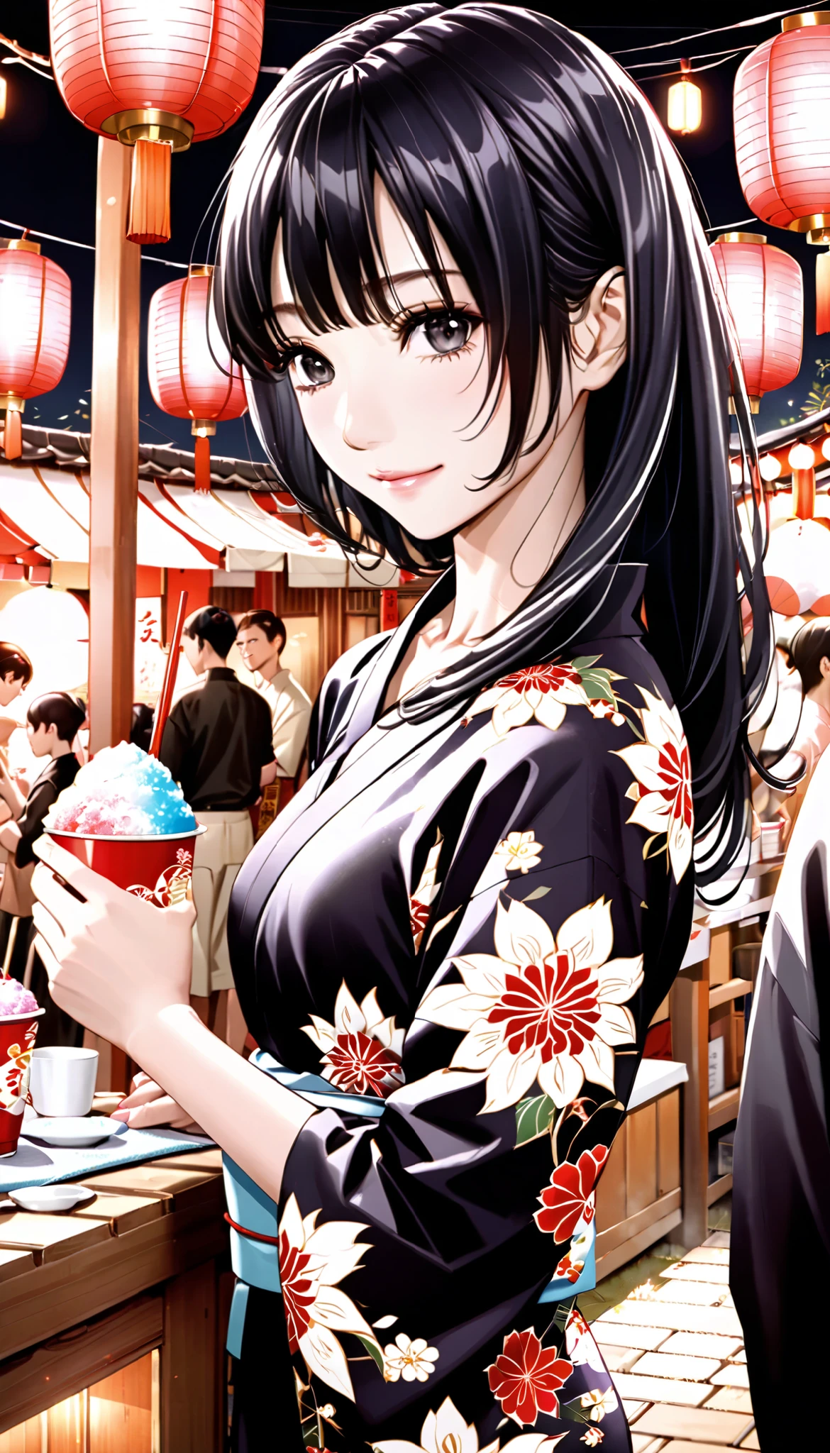 yukata, black hair,Japanese night summer festival,stall, Fireworks,Lantern,beautiful color,Realistic and Exquisite Background,Natural Hands,exquisite details,long hair on breasts,smile,A paper cup with shaved ice in the left hand,High Precision,Highest Quality,black eyes,professional,Studio Lighting,