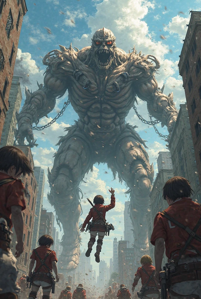 A giant high school girl kicks a giant creature、Black Hair、Bobcut、Beautiful Face、Japanese、Disheveled Hair、Real、Buildings、Cloudy
