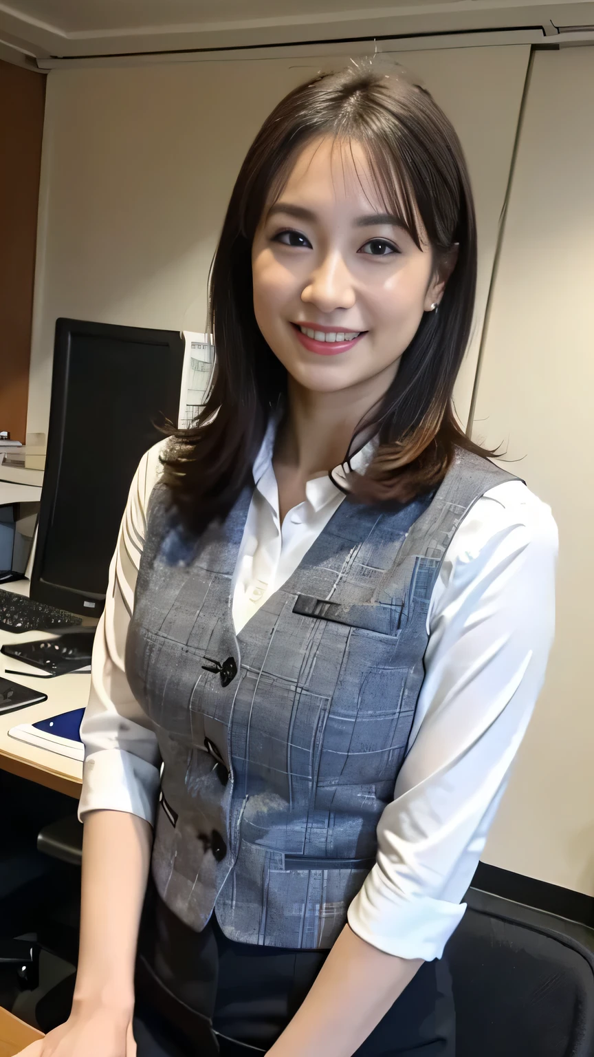 ((Highest quality)), ((masterpiece)), (detailed),Perfect Face,Japanese,Fair skin,Upper Body,Long Hair,Office Lady,Women's Ana Style,smile,Cleavage,blouse,Mature Woman