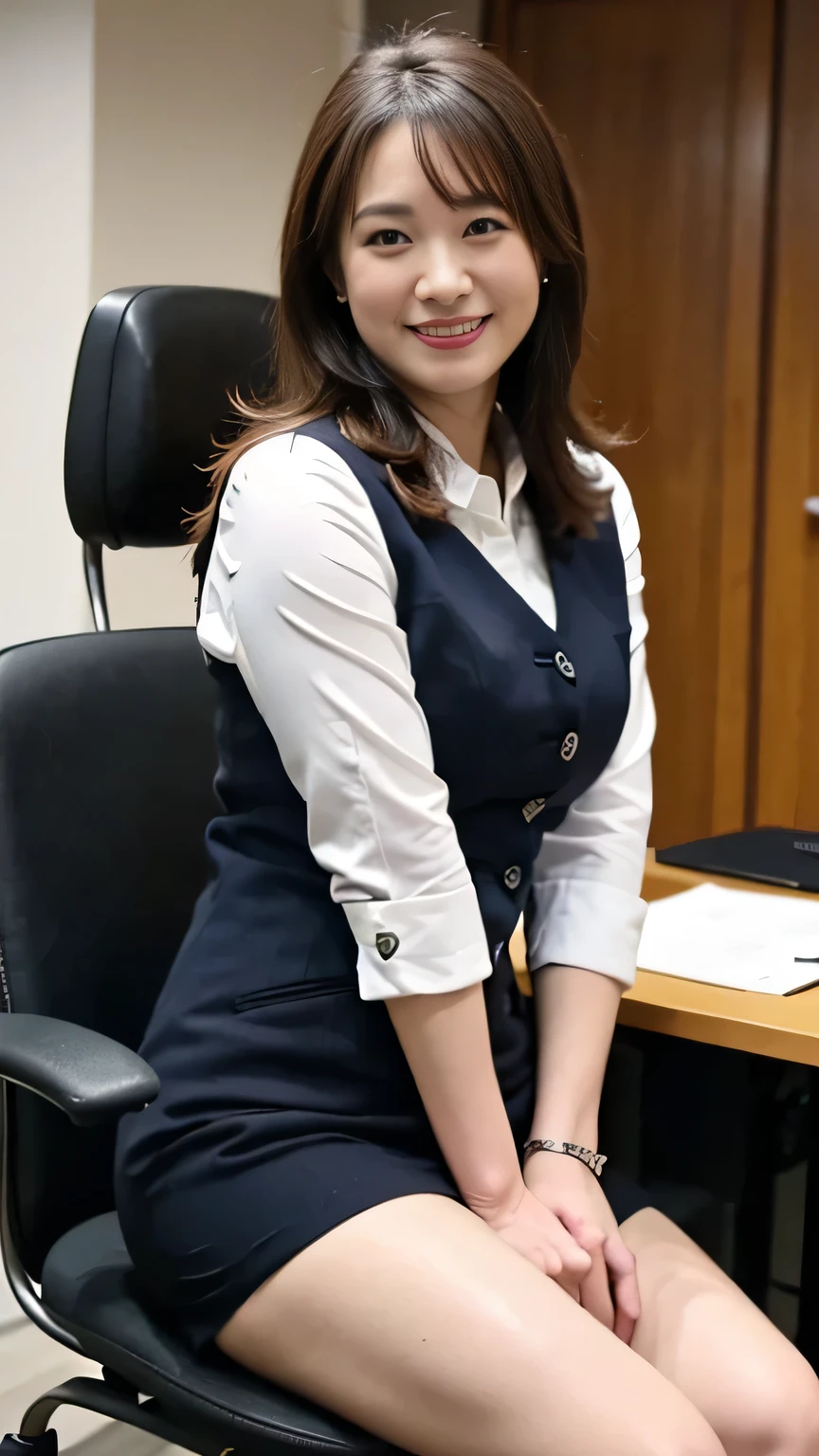 ((Highest Quality, 8k, masterpiece: 1.3, Photorealistic)), OL、 tight miniskirt、 office room desk 、chair、, (stare at the viewer), Mature Woman, business wear, smile:0.2, normal breasts