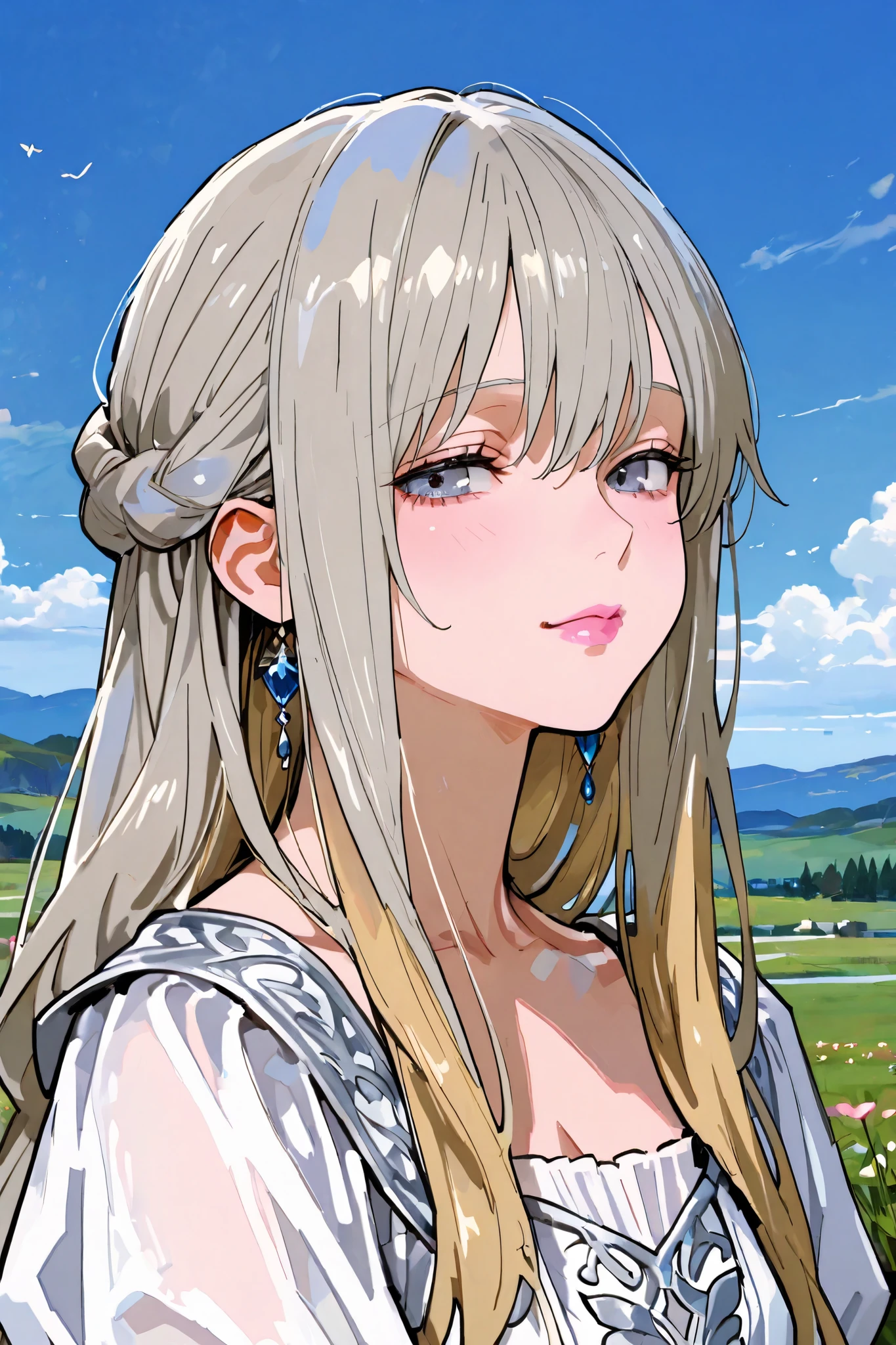 woman in a white dress, artwork in the style of Gwaiz, Gwaiz on pixiv artstation, Gwaiz on artstation pixiv, Gwaiz, fantasy art style, Gwaiz masterpiece, Beautiful and Elegant Queen , beautiful character drawing, Detailed digital animation art, blonde princess raising her cheeks, Gray Hair, sky blue eyes, pink lips,(very delicate and beautiful face), (beautiful eyes down to the smallest detail),