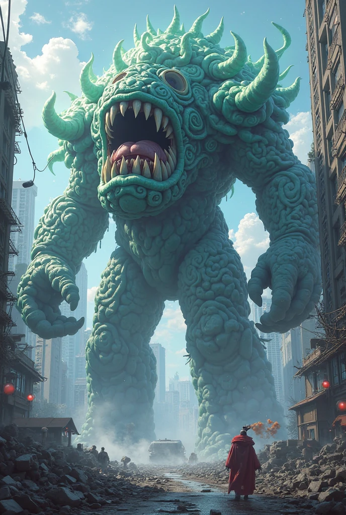 Character “Ochurus” from Disney's Mickey Mouse Clubhouse of a giant size breaking a house because he is so big that he grew a lot and is breaking the house where he was. With a gloomy atmosphere like a zombie apocalypse