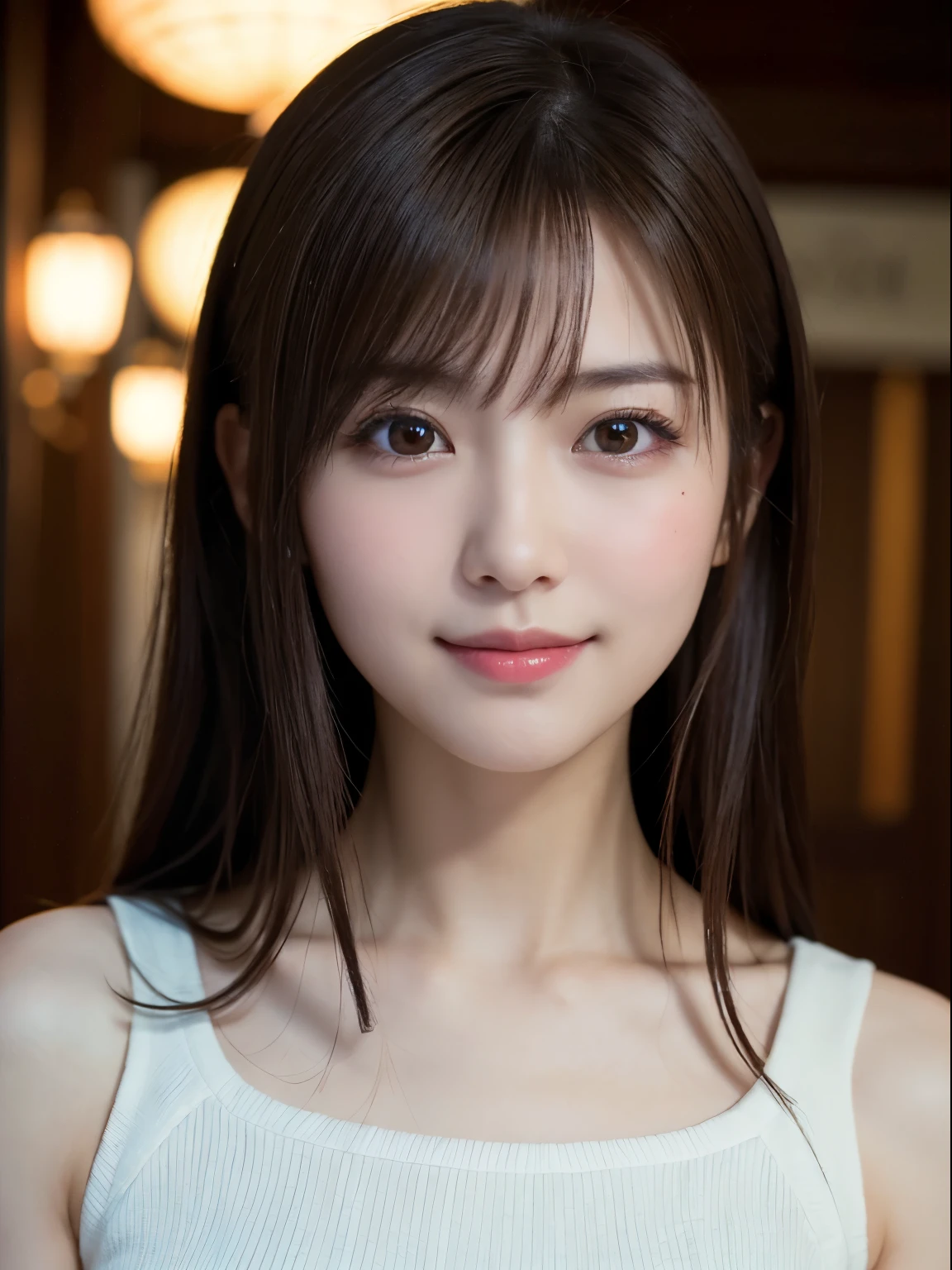 masterpiece, best quality, ultra-detailed, intricately detailed hyperdetailed, realistic, sharp features, highly detailed, sharp focus, (20 years old:1.3), perfect face, perfect symmetrically eyes, perfect full lips, hyper detailed, hyper realistic, high resolution, vibrant, dynamic studio lighting, Sexy face, Facial expressions when receiving pleasure, Brown Hair, Shoulder Length Layered, asymmetrical bangs, brown Eyes, (Impish Smile:1.2), cowboy shot, black knit, Japanese idol,