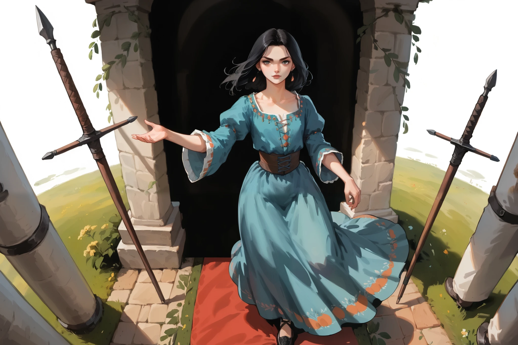 score_9, score_8_up, score_7_up,1girl, black hair, long_hair, wearing a vibrant long peasant medieval dress, long skirt, black shoes, detailed clothing, sketches, darkrealmone, flat painting, msmln, view from above, extreme view from above, dynamic pose, standing on a white background:1.5, 2d art, flat illustration, thick gouache painting,