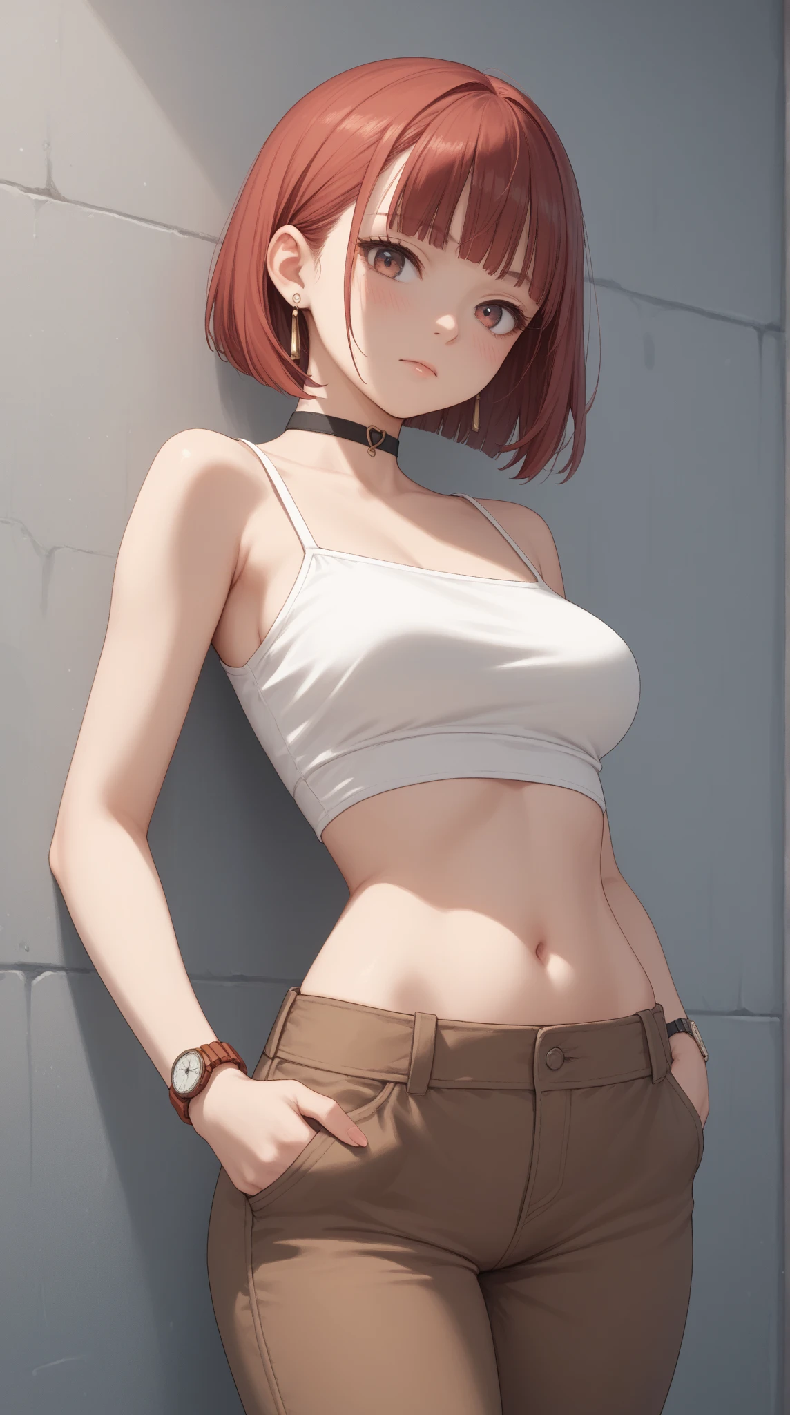 Ranma 1/2, (Masterpiece, Best Quality, High Quality),(NSFW:1.3), Red hair, blue eyes, white palazzo pants,  tight ,(sweater crop top), (sexy stomach), small breasts,looking at viewer,  earrings,in street, ass