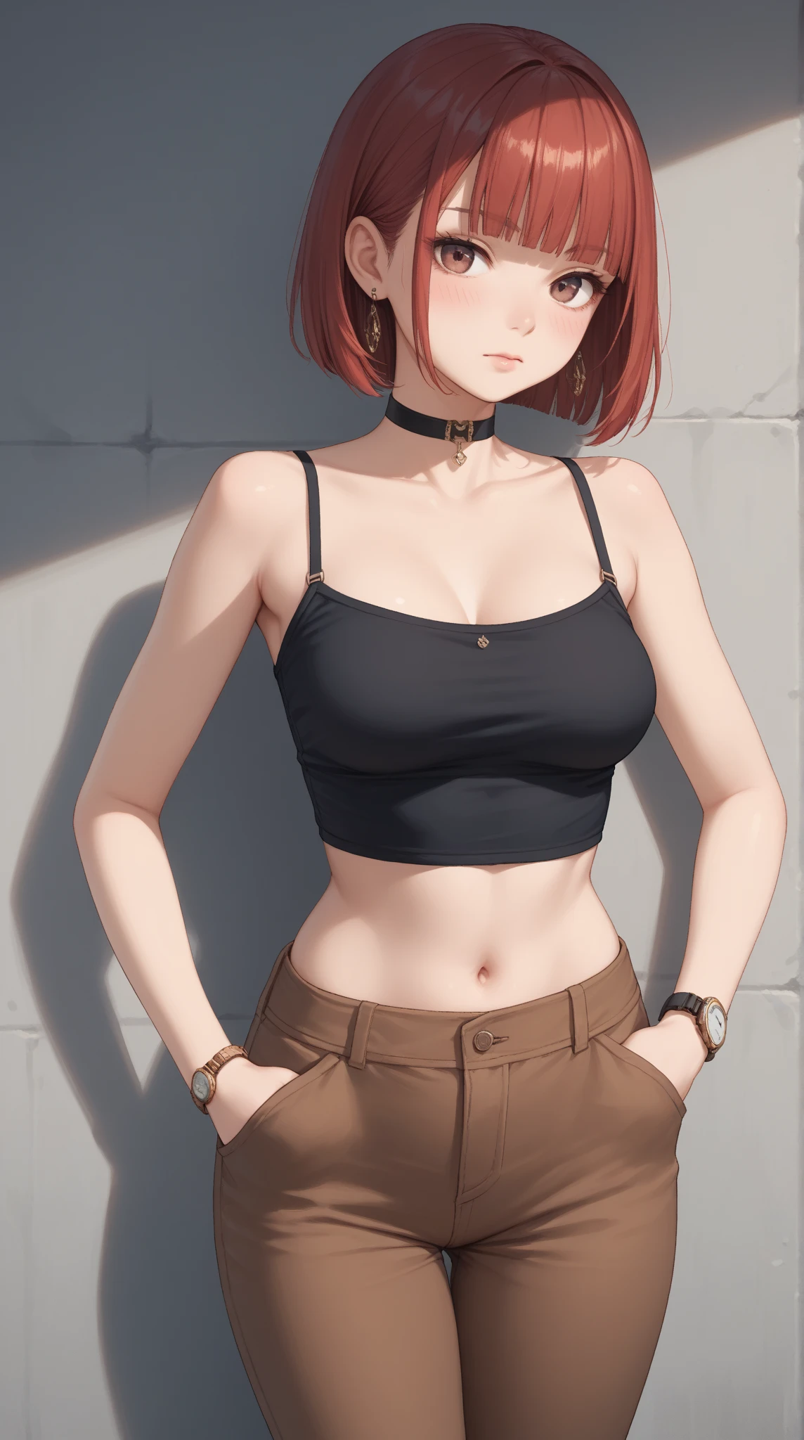 1girl, crimson red hair, short hair, brown eyes, parted lips, black crop top, red skirts, black pantyhose, big breasts,