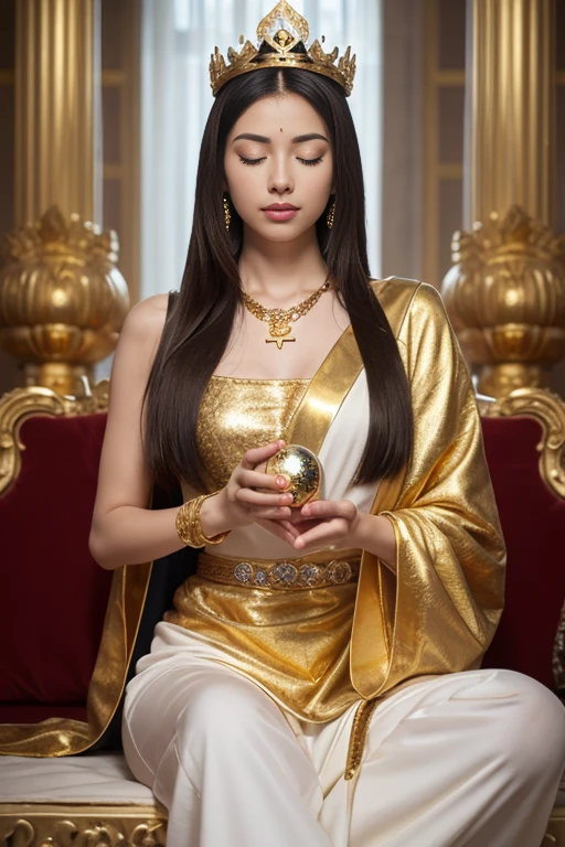 "Embracing Spiritual Challenges: The Path to Inner Growth and Universal Harmony" A beautiful young woman sits in meditation, her long hair cascading down. She is adorned in an exquisitely embroidered white robe with intricate gold patterns. Surrounding her are geometric designs and complex golden Star of David symbols, with some forming a large halo behind her head, background universal vibrations cosmic energy, unconditional love, spiritual awakening,