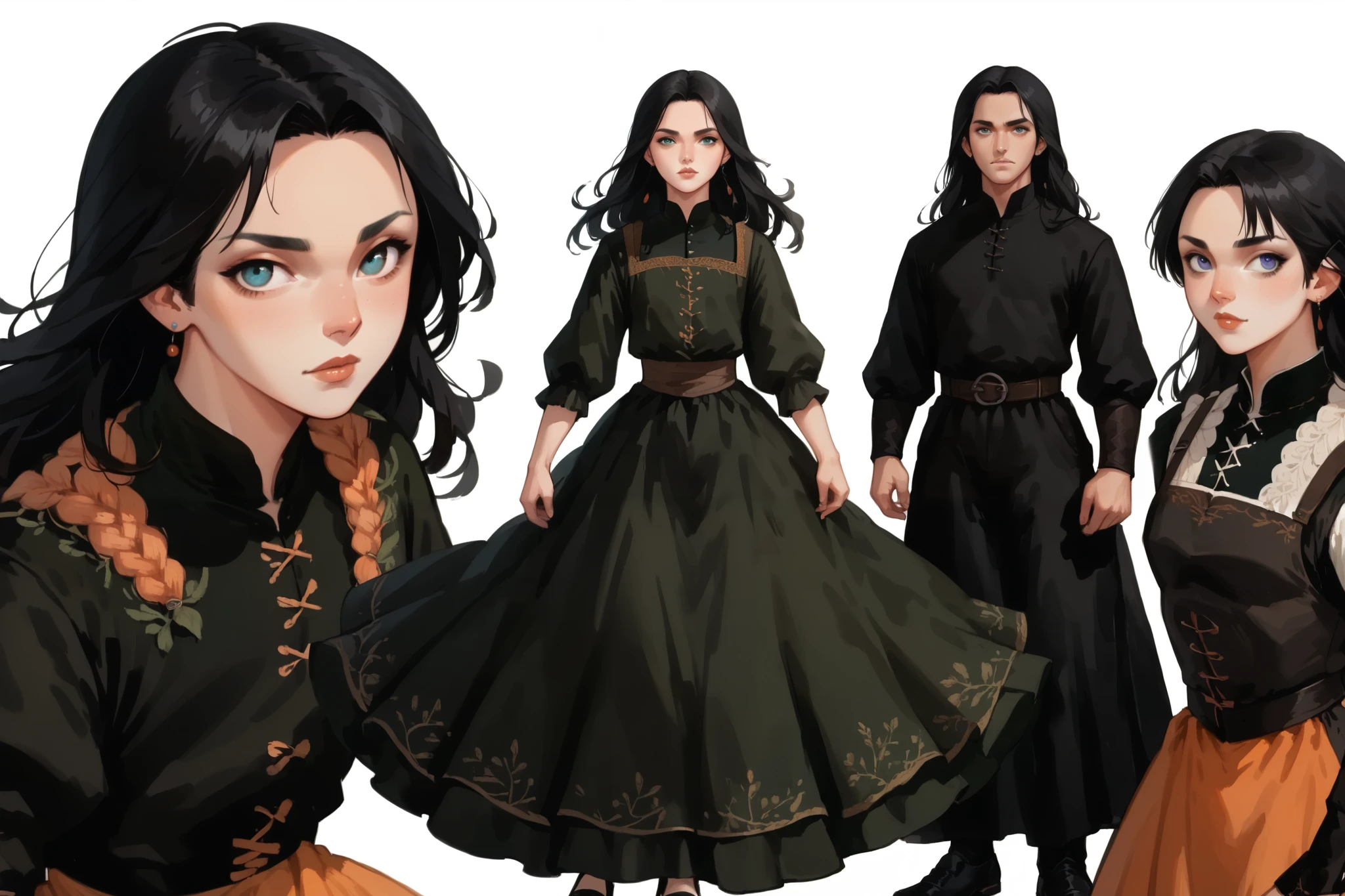 score_9, score_8_up, score_7_up,1girl, black hair, long_hair, wearing a vibrant long peasant medieval dress, long skirt, black shoes, detailed clothing, sketches, darkrealmone, flat painting, msmln, view from above, extreme view from above, dynamic pose, standing on a white background:1.5, 2d art, flat illustration, thick gouache painting,