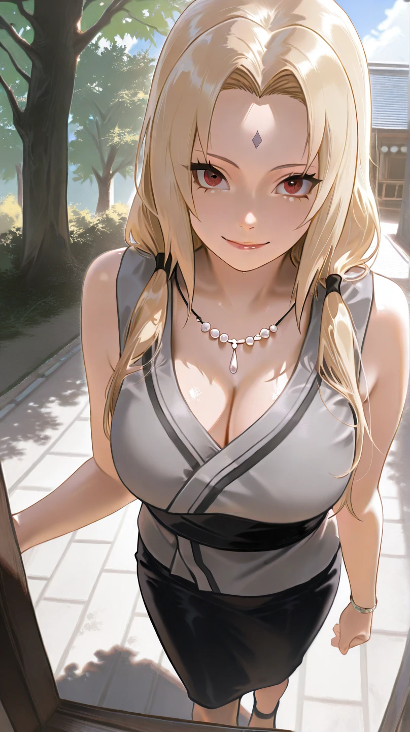 light effect, soft, super clear, high-definition picture, (front), masterpiece, cinematic lighting, Tsunade hokage, 1girl, solo, looking at viewer, smile, large breast, open shoulder, cleavage, skirt, black dress