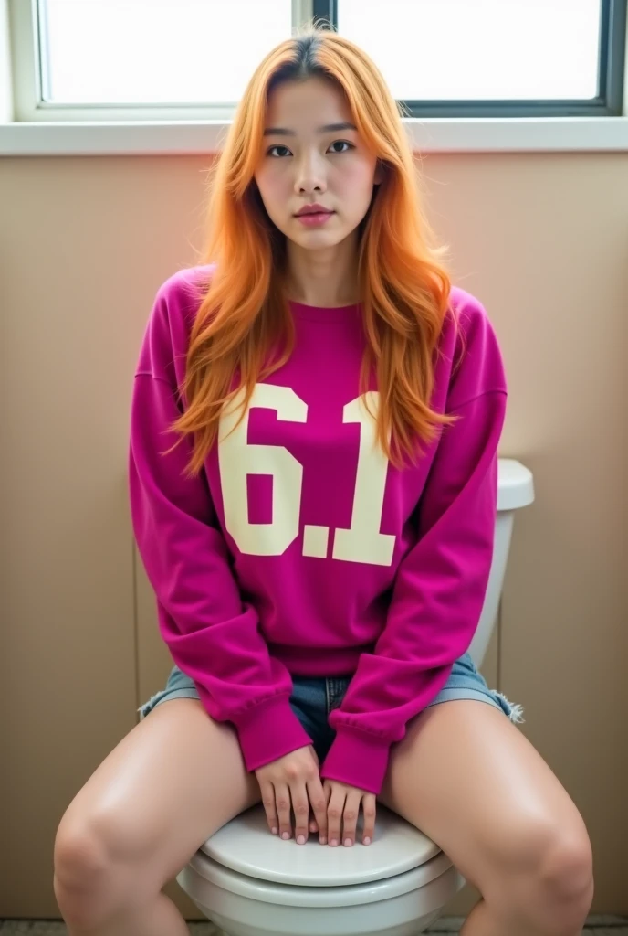 A young redhead woman lying on a bed wearing a pink shirt with white words "Touch me". (She points with her index finger at her shorts:1.5). She lies on her side. Full body shot, top view, jeans shorts. Bare legs. Visible bare feet. Colored sheets.