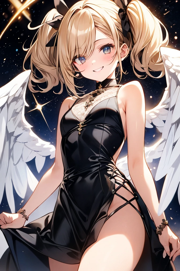 blonde、blue eyes、girl、Small breasts、Twin tails、girl、Small breasts、Bright smile、Looks about 15 years old、Petan Musume、He is short、Angel wings growing、Eye highlights、Show your armpits