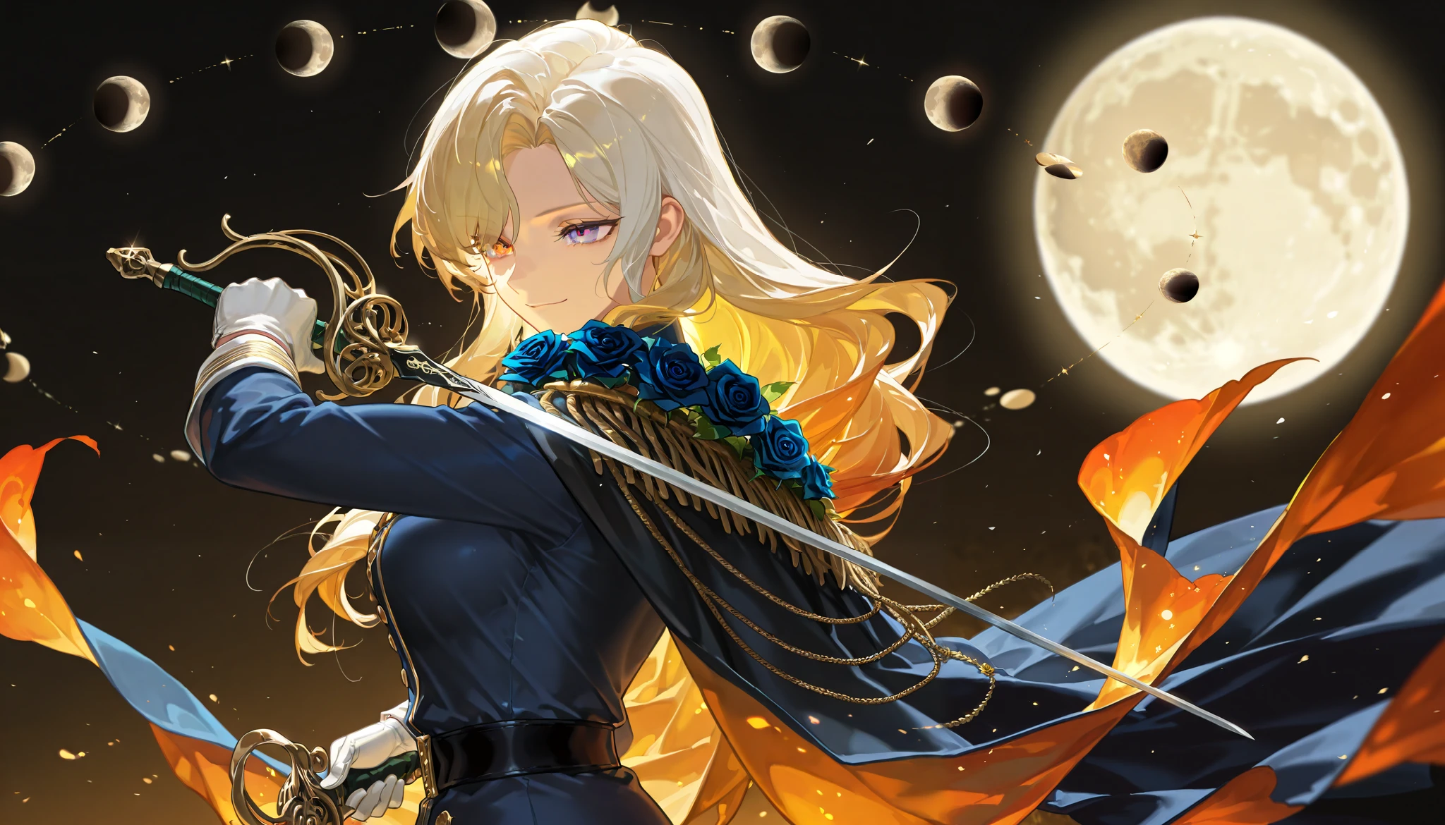 by [arknights|(748cmstyle:0.5)], mature, young adult, masterpiece, best quality, amazing quality, very aesthetic, high resolution, ultra-detailed, absurdres,
1girl, woman, solo, alone,(side eye, dynamic pose, upper body focus,from side, medium shot:1.2), dramatic pose, moon phases with roses, purple blue gradient eyes, multicolor eyes, blonde hair, white hair, (accent color gold, accent color orange, accent color emerald green:1.2), fantasy attire, flowing fabric, white clothes with gold trim and green accents, soft expression, soft smirk, (moon shaped rose flower, lunar rose, moon rose:1.4), short shoulder cape, french royalty, wardressing, (war uniform, sword saintess:1.2), warclothes, warrior, wielding a silver rapier, magical rapier, skirmisher, white gloves, flower cape,
BREAK, depth of field, volumetric lighting
 