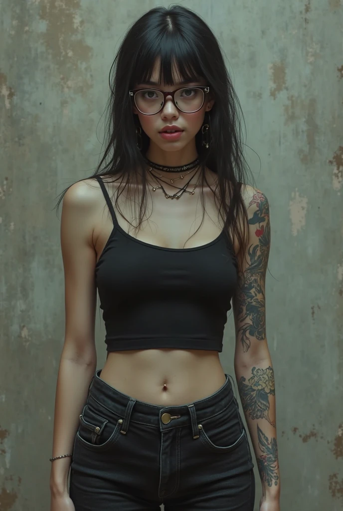 (best quality) Young woman, Brown dreadlock, arms tattoo, full body tattoo, japanese tattoo, punk, glasses, a shy smile, beautiful face, light dark goth make up, thin body, C cup breast, black tank top, black shorts, sitting, holding tattoo machine, tattoo artist