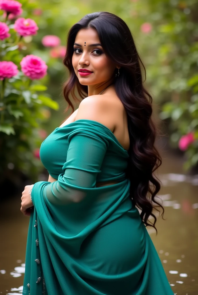 Outdoor image of 21yo in school school photo in school masterpiece, (photorealistic:1.7), best quality, beautiful lighting, Eleanor Latino Woman 20yo Old Big Breasts Plus Size Model random colour beautiful eyes extremely high Bun long extreme curly hair Lifts wearing Indian flowers ethnic enegance princess salwar kameez. Flowers on hair (closeup view)