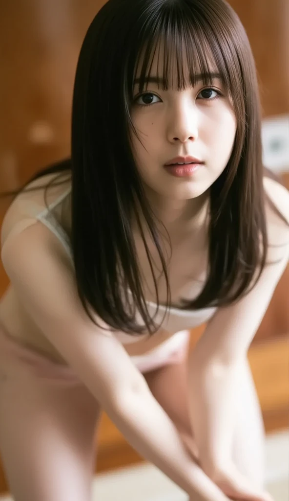 masterpiece、Underwear with extremely small area、16 year old high school girl、(ponytail)、(((quite small head:1.4)))、Open your legs and show your crotch、get down on one knee、sit on the bed、(black hair)、(Live shooting:1.2)、(photorealistic:1.4)、cute smile、embarrassing、show your whole body、lace white underwear、(((The wet genitals are clearly visible)))、(((It&#39;s wet and my nipples are visible)))、View from the front、textured skin、anatomically correct、SFW、highly detailed eyes and face、pretty fingers、(Enhances the beauty of skin texture:1.1)、High resolution、8K wallpaper、movie lighting