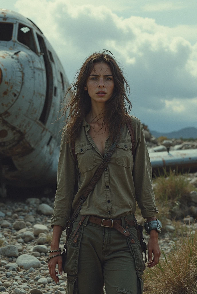 Foto hiperrealista en primer plano de 20 years old Alicia Vikander, masterpiece, best quality, (photorealistic:1.4), full body, she is dirty, wear dirty green army uniform (dirty jacket over white t-shirt, dirty tactical pants), dirty clothes with stains, Depict a rural landscape in the rugged style of the game's concept art. This work should evoke a sense of abandonment and despair in a futuristic, post-apocalyptic world. Notice the intricacies of detail, the sharp focus, grey sky, cinematic light, beautiful woman, skinny, medium breasts, straight dark blond  hair, detailed face, photo taken from a distance