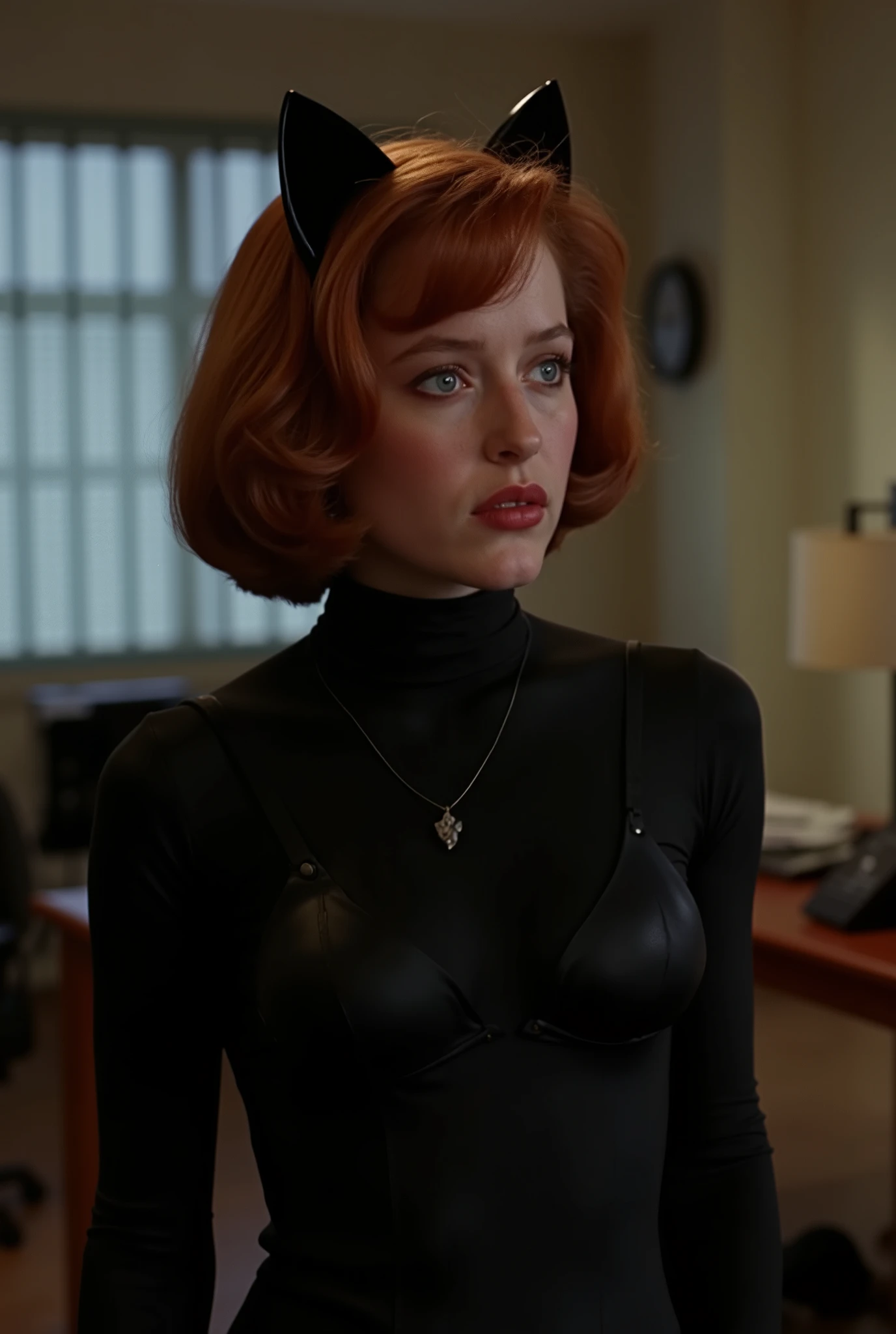 a realistic photo of young Gillian Anderson in a catwoman suit, red hair, bob haircut, black tight catwoman suit, (fake cat ears), (low-cut neckline), (small breasts), (deep cleavage), office from X-Files series, cinematic lighting, perfect anatomy, high quality, photorealism 8k, soft shadows, 8k uhd , dslr