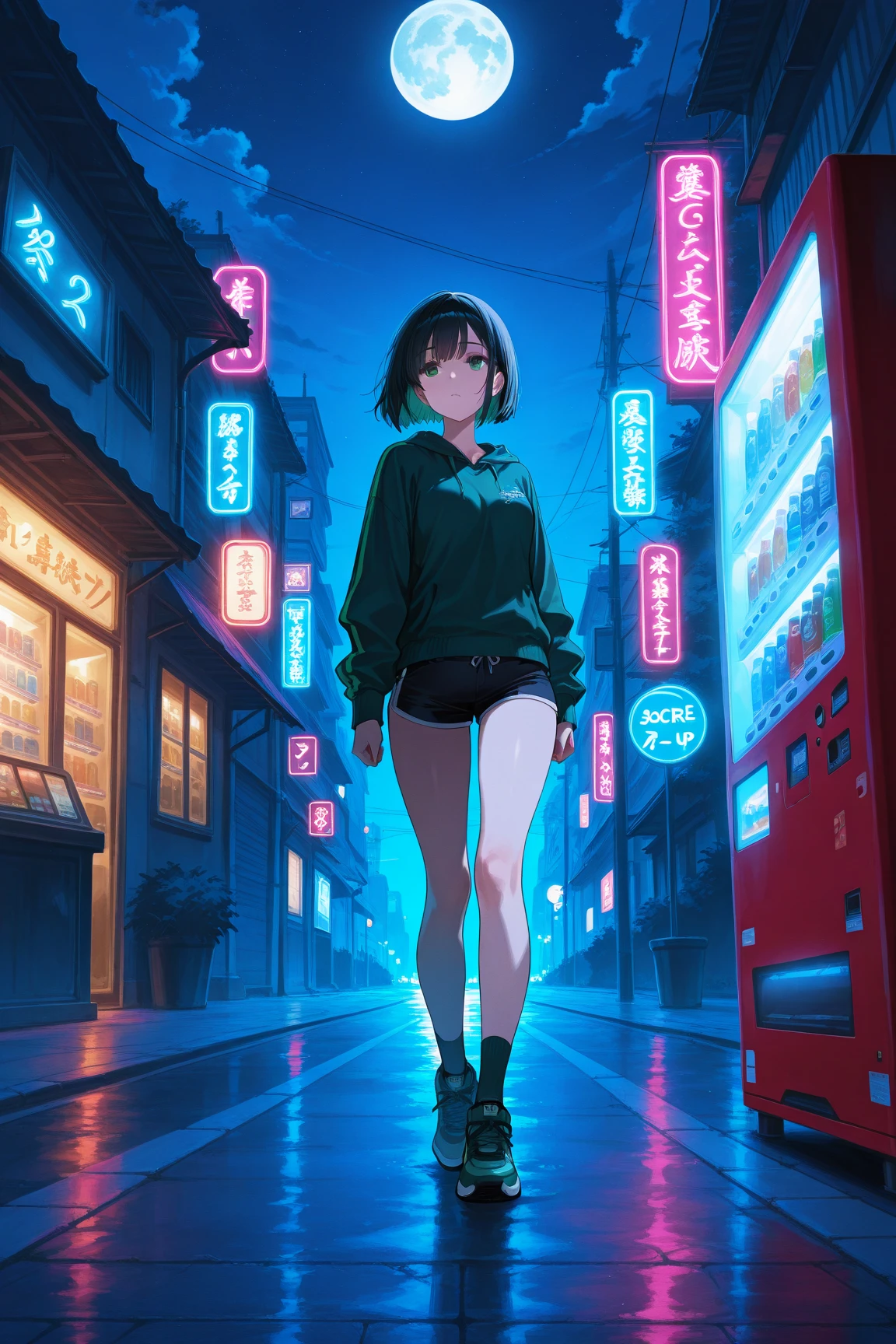 (score_9, score_8_up, score_7_up), source_anime, absurd_res, white, blue, black, 1girl, solo, super fine illustration, an extremely delicate and beautiful, best quality, masterpiece, 8K, extraordinarily beautiful girl, vibrant black hair, short bob cut, large emerald green eyes, detailed beautiful face, perfect curvaceous figure, frilly top, short pants, socks, sneakers, hesitant expression, indecisive gesture, vending machine, night, full moon, perfect moment, cinematic angle, official art style, bold composition, urban night scene, soft moonlight, neon lights, city atmosphere, contemplative mood, glowing display,