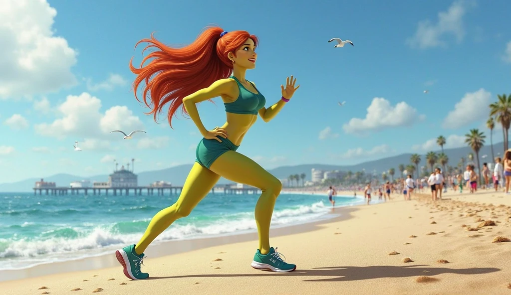 ariel, red hair, blue eyes, blue tank top, midriff, black yoga shorts, looking serious, heavy breathing, blush, running, outside, city, sidewalk, crowd, sunny, high quality, masterpiece,  <lora:Ariel_v1:.8>