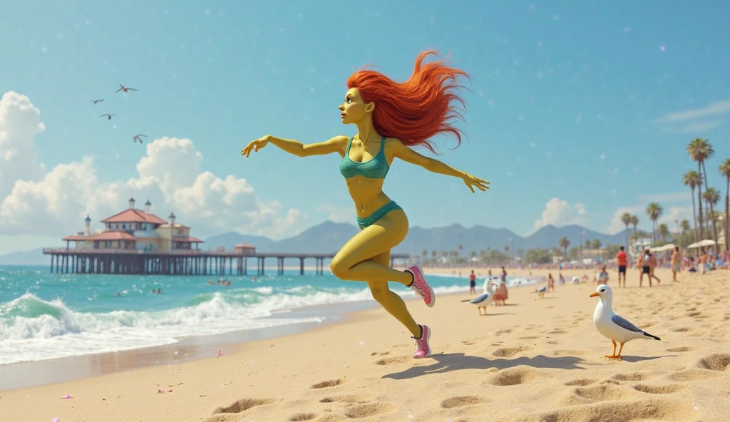 Hyper realistic and detailed full body photo of one smiling young red head beautiful woman is running on sunset wearing a bikini outfit. perfect eyes, (Eye makeup:1.1), (highly detailed skin:1.1), (perfect big boobs), RAW, analog style, sharp focus, 8k UHD, DSLR, high quality, Fujifilm XT3, grain, award winning, masterpiece.