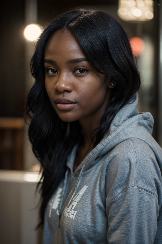 Dark Skin Girl in front of 2-story house with Sweater