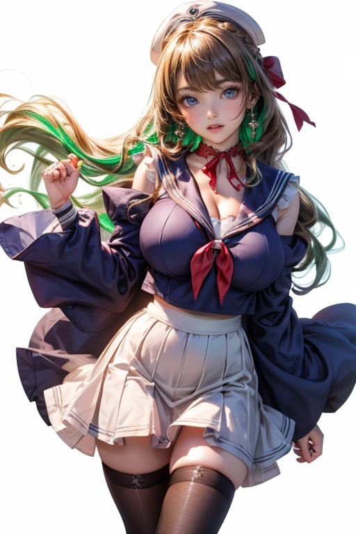 (masterpiece:1.5), (big breasts), 1 girl, young woman, (Beautiful Girl:1.5), (extremely detailed and delicate anime face and eyes:1.5), whole body, (natural light, HDR, extremely details CG:1.3), (dynamic posture:1.3), {correct ????????????}, (wide hips:1.4), (perfect hands:1.3), single focus, toned body, Beautiful Lips, thick lips, {surreal}, {correct posture}, {minutes details}, {detailed body}, {detailed clothing}, {Bright Eyes}, (cleavage: 1.3), {accessories}, {sexy}, {solo}, (school uniform: 1.5), high school student outfit, (school jacket: 1.5), long sleeves jacket, short skirt, (pleated short skirt: 1.3), (thigh-high pantyhose: 1.3), black pantyhose, blouse, ribbon tie, lace collar with tie, high heel boots, earrings, necklace, hairband, hairclip, (light smile: 1.3), long hair, (two-tone hair: 1.5), (blonde hair with pink and green streaks: 1.5), (blue eyes: 1.3),